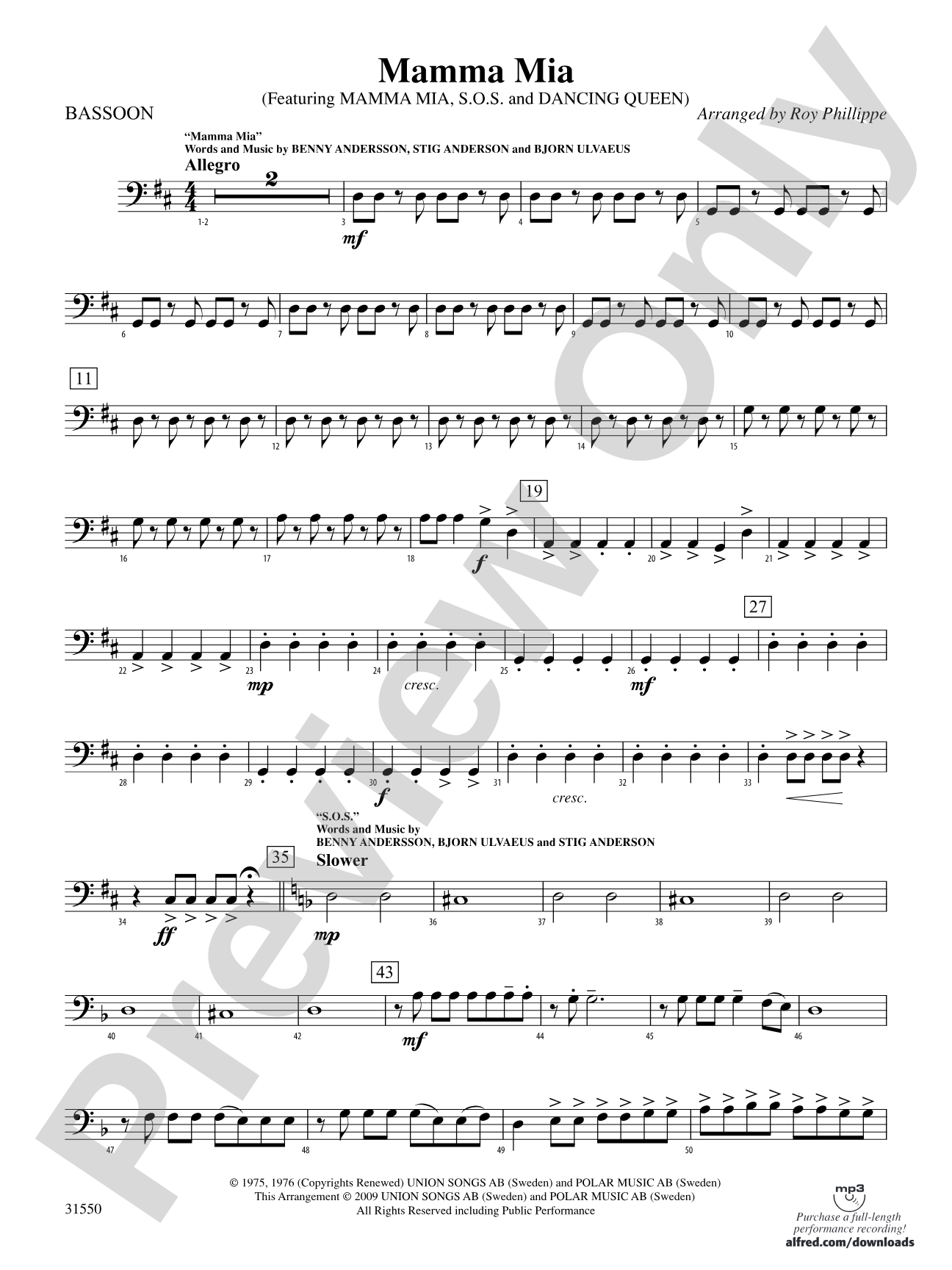 Mamma Mia, Selections from: Bassoon