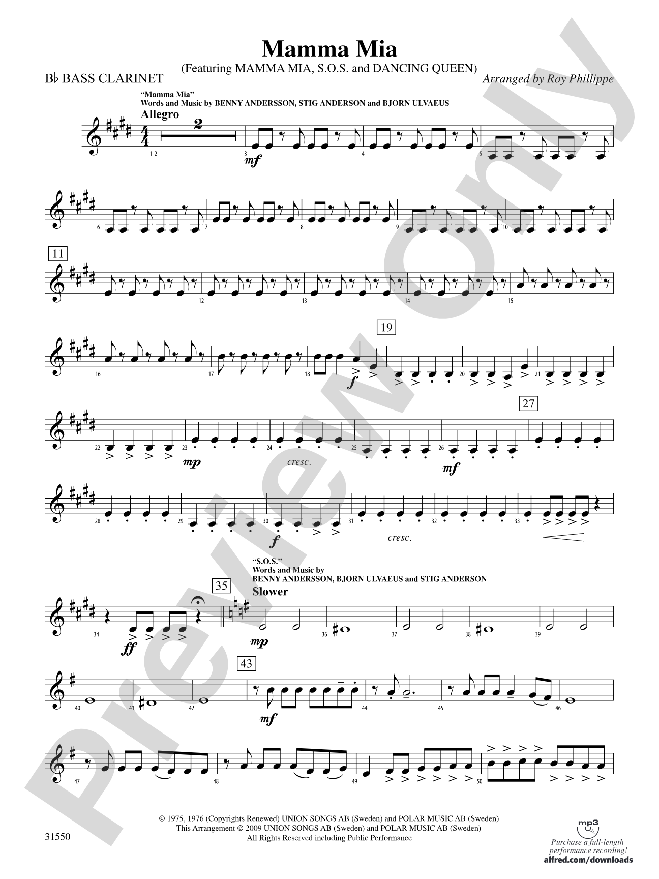 Mamma Mia, Selections from: B-flat Bass Clarinet