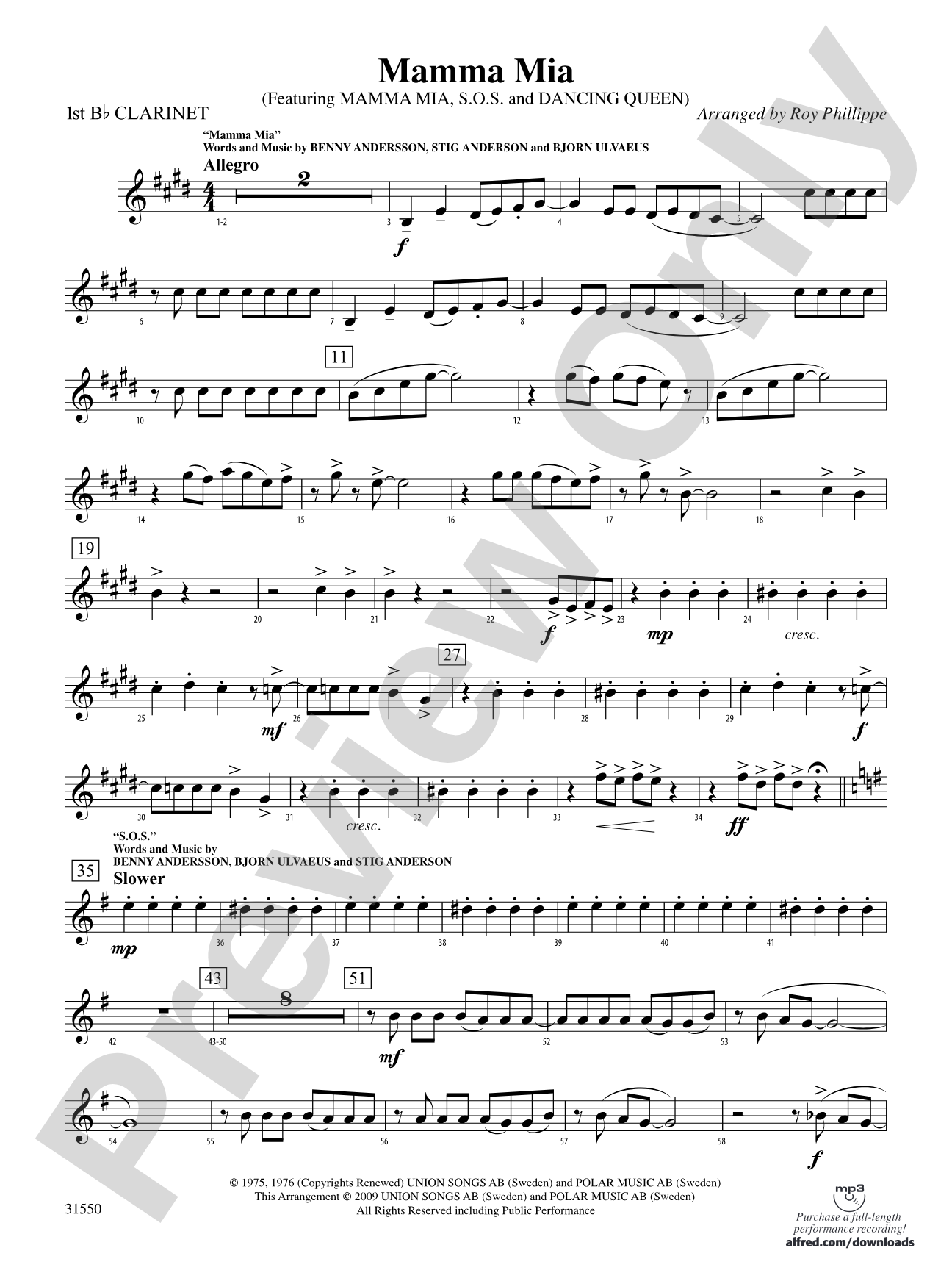 Mamma Mia, Selections from: 1st B-flat Clarinet