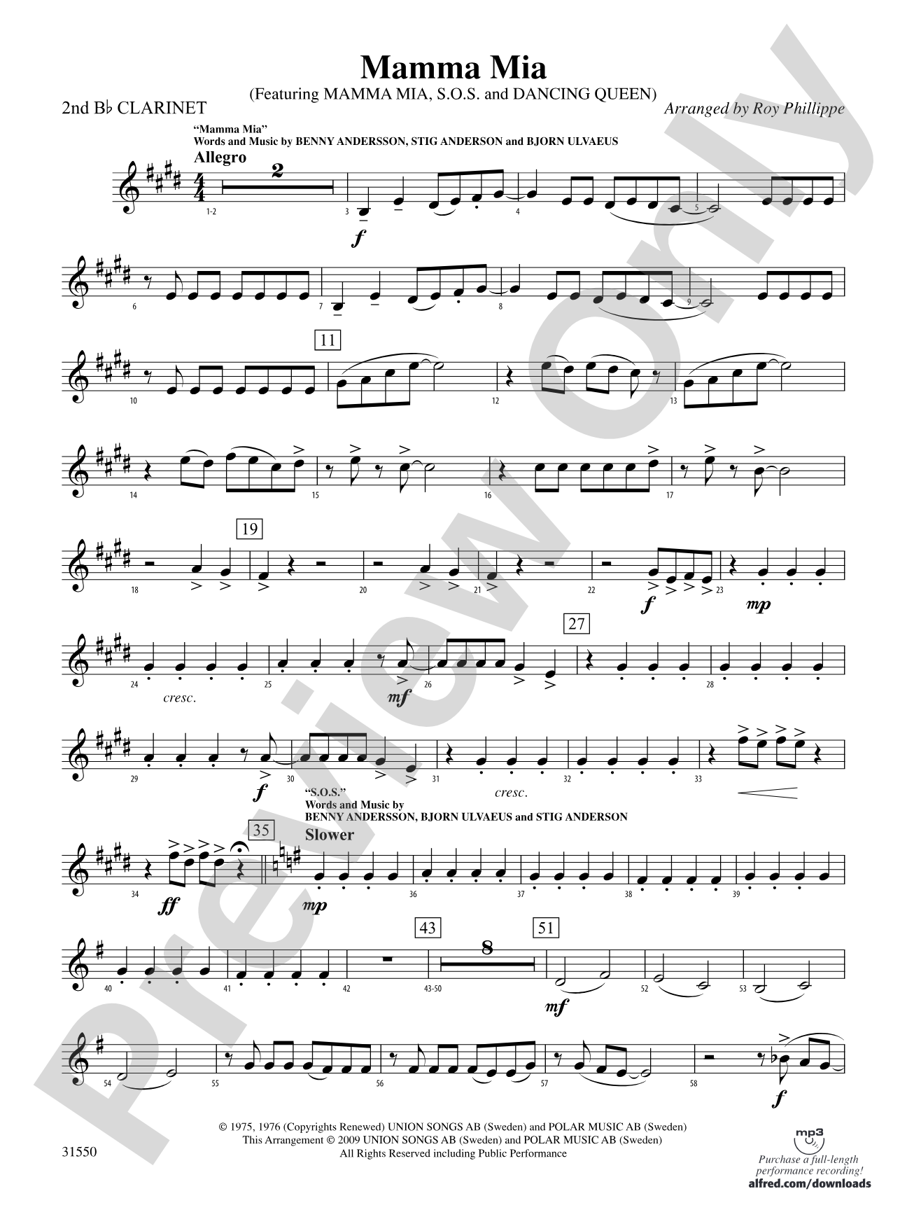 Mamma Mia, Selections from: 2nd B-flat Clarinet