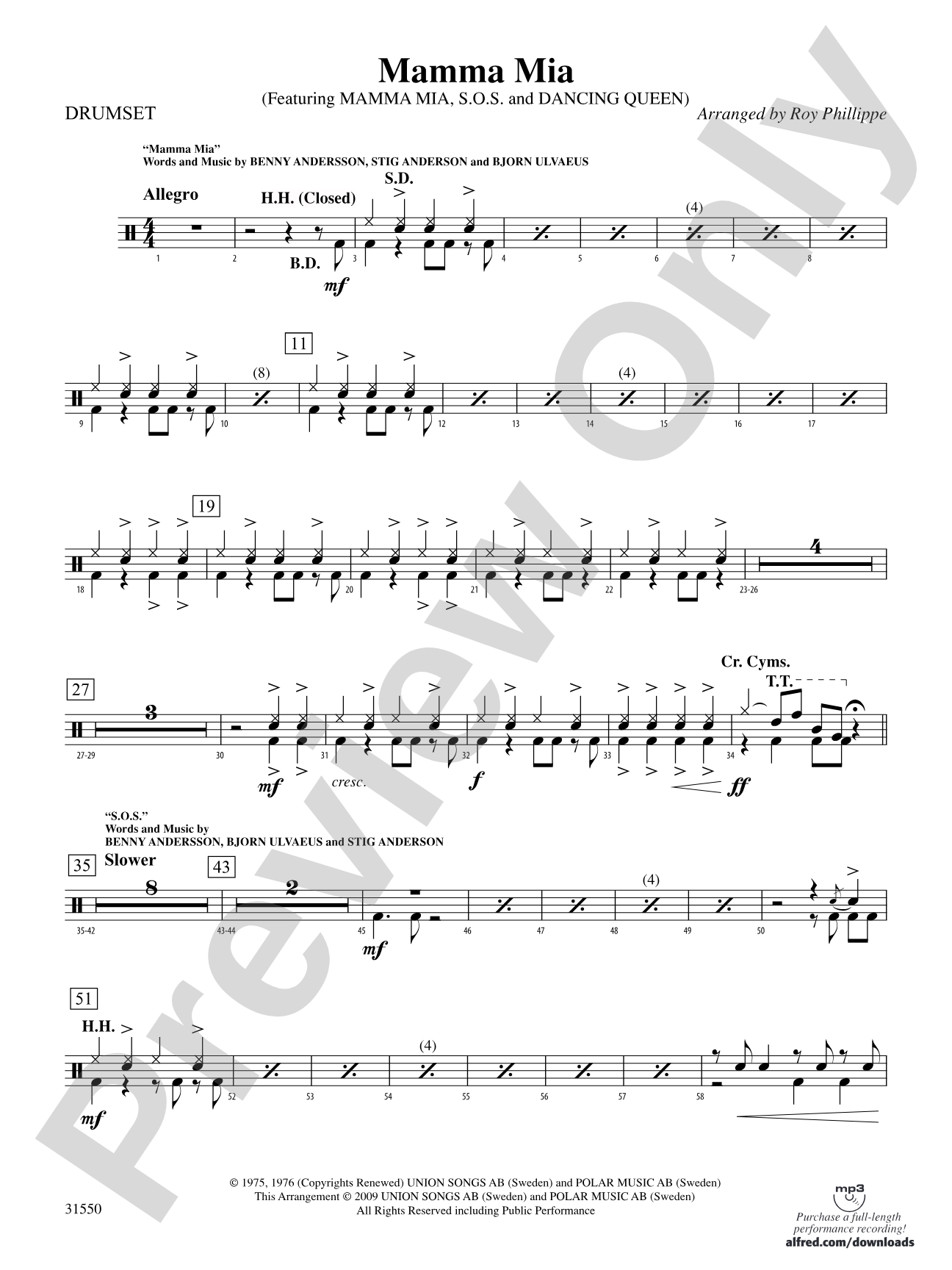 Mamma Mia, Selections from: Drums