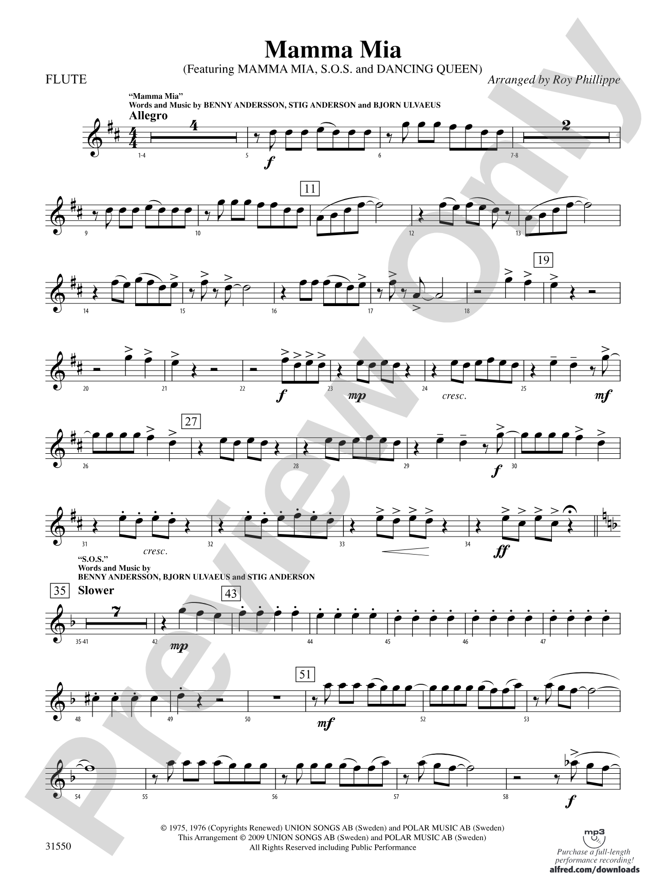 Mamma Mia, Selections from: Flute