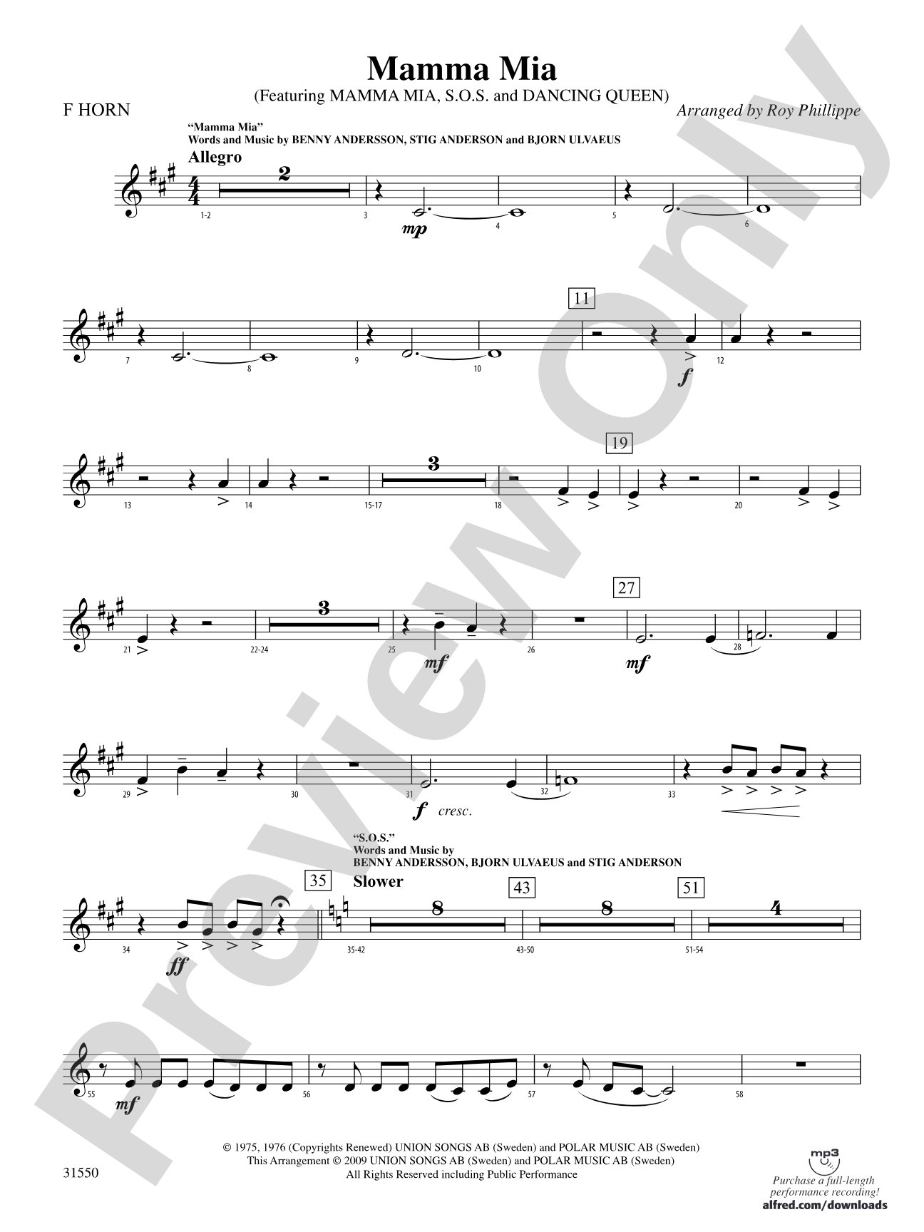 Mamma Mia, Selections from: 1st F Horn