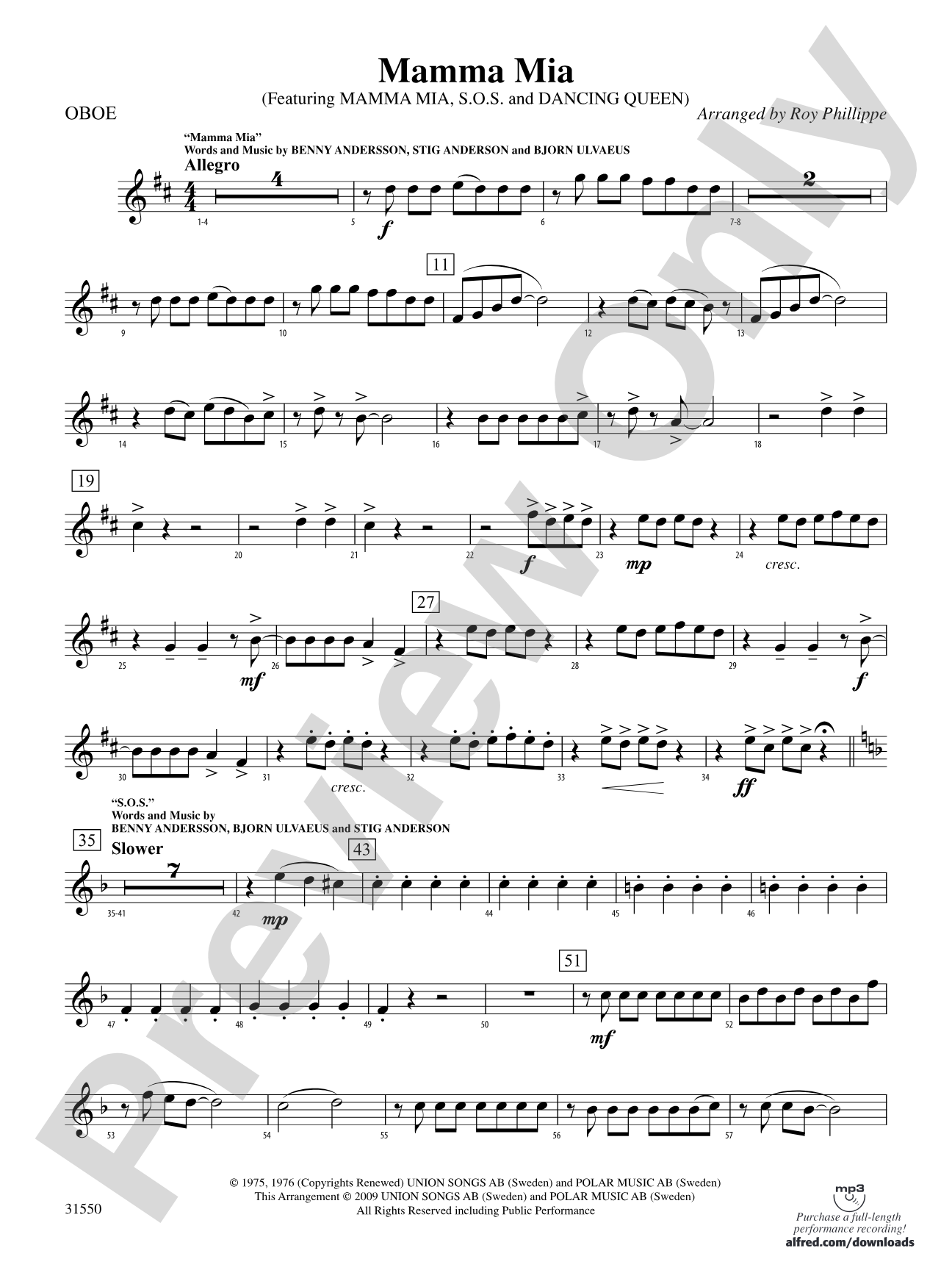 Mamma Mia, Selections from: Oboe