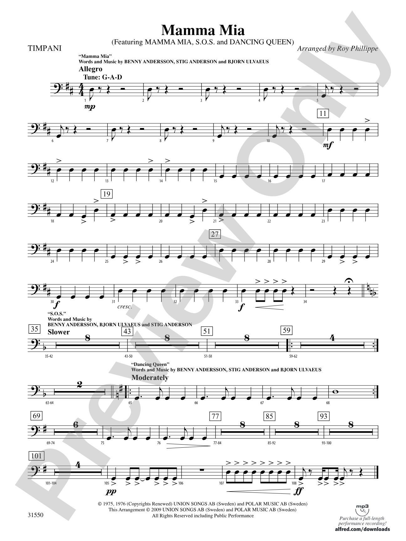 Mamma Mia, Selections from: Timpani