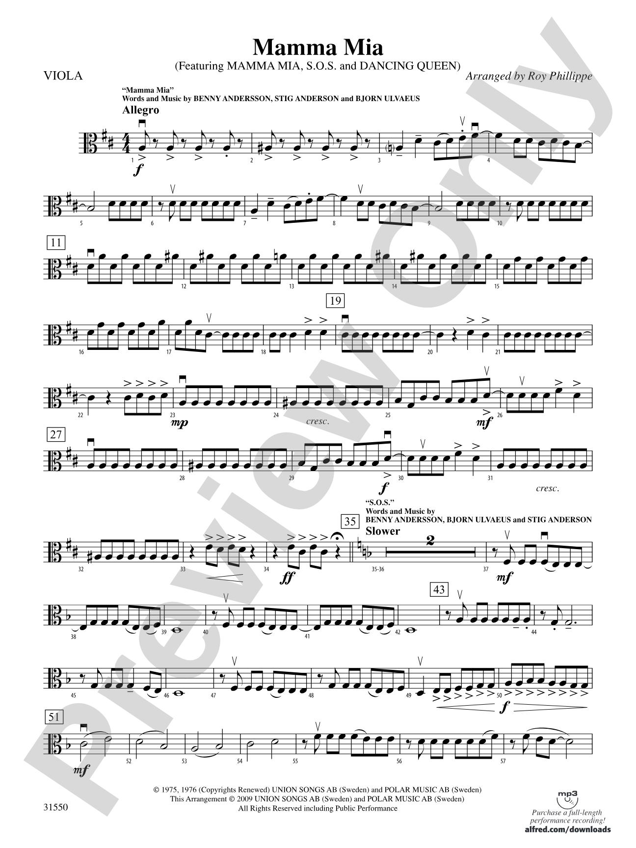 Mamma Mia, Selections from: Viola