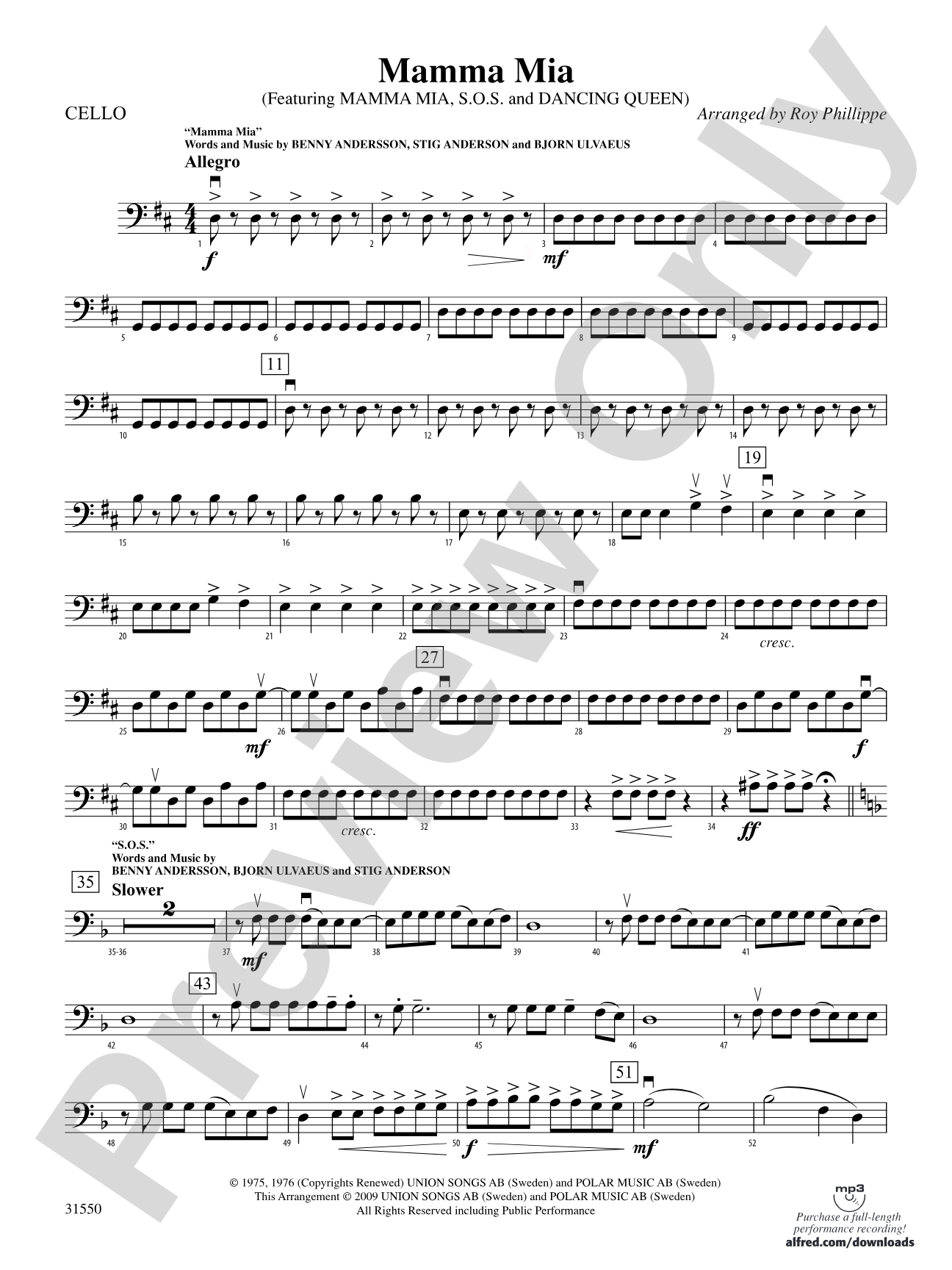 Mamma Mia, Selections from: Cello