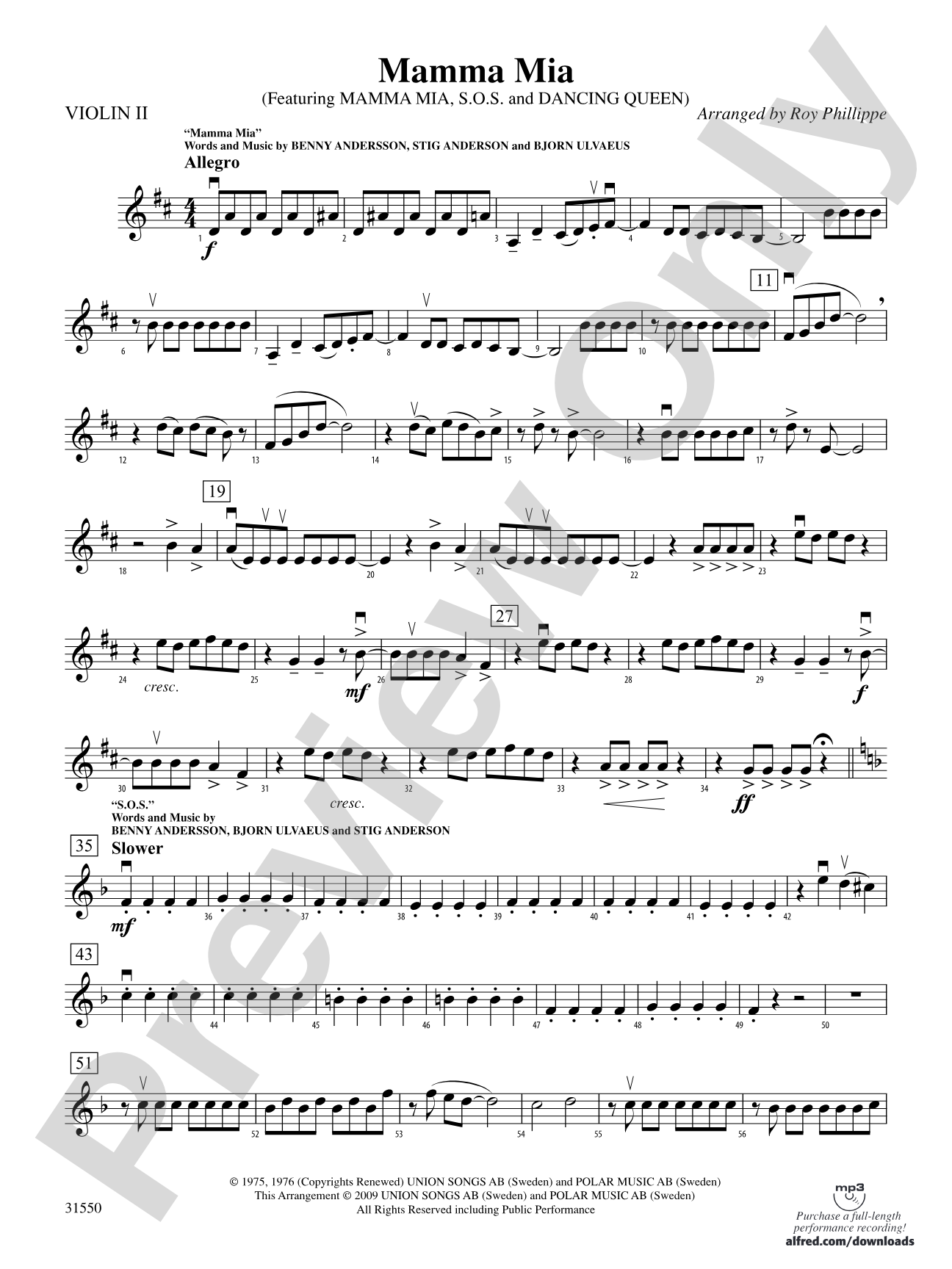 Mamma Mia, Selections from: 2nd Violin