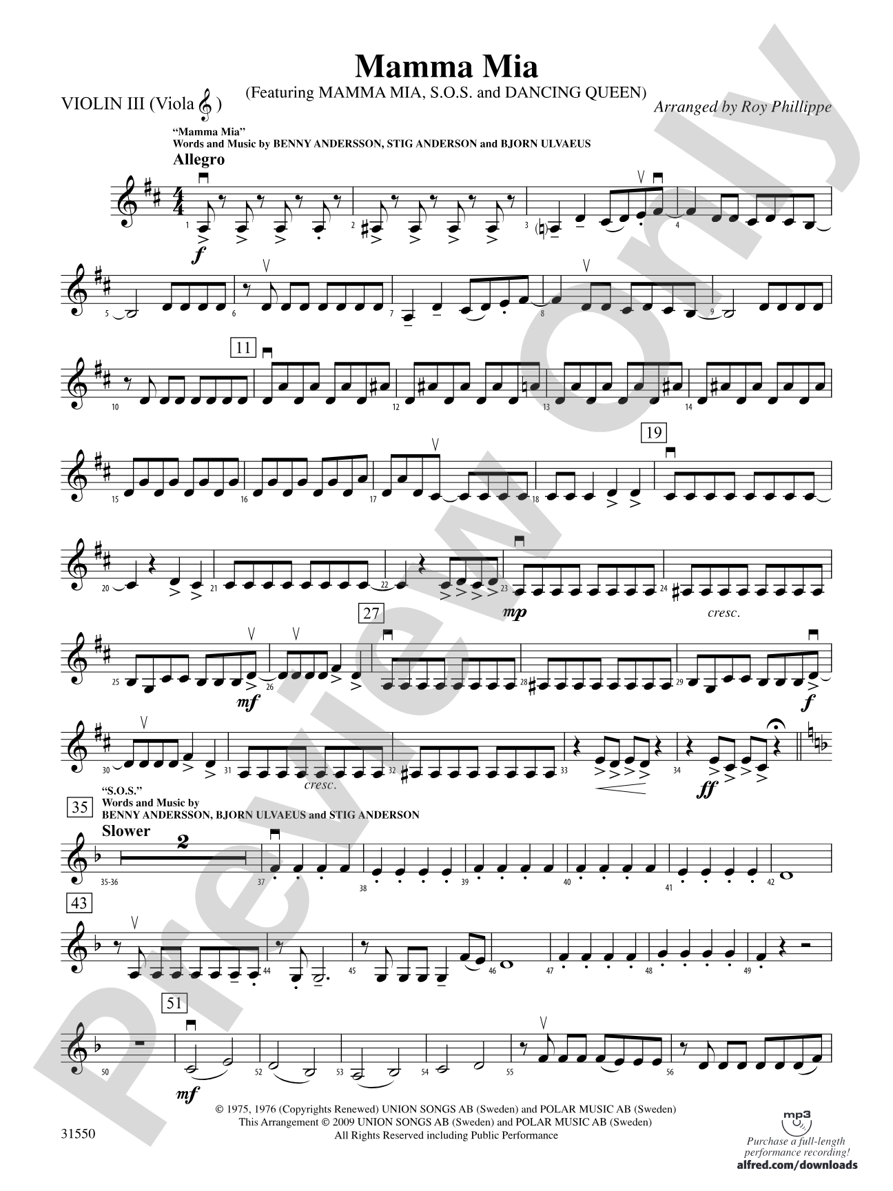 Mamma Mia, Selections from: 3rd Violin (Viola [TC])