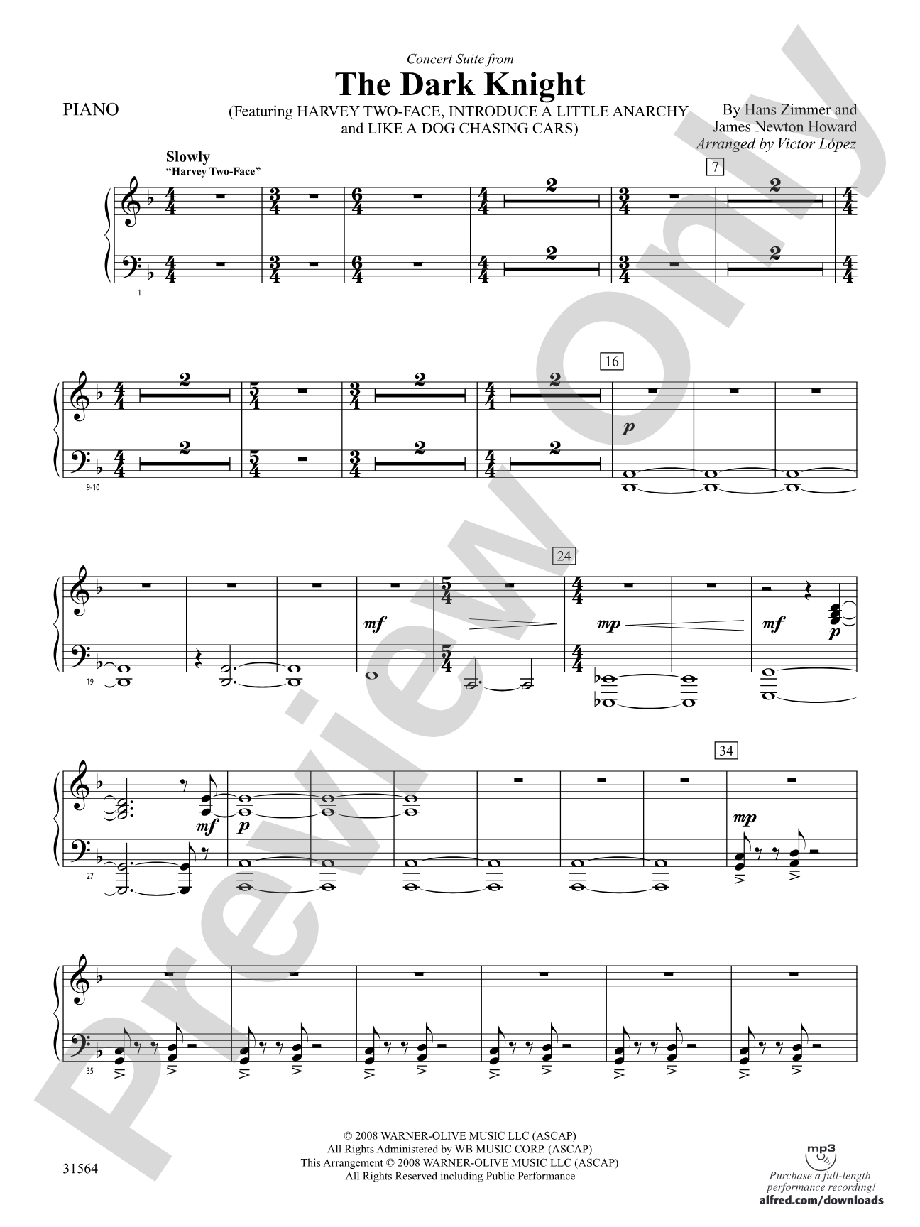 The Dark Knight, Concert Suite from: Piano Accompaniment