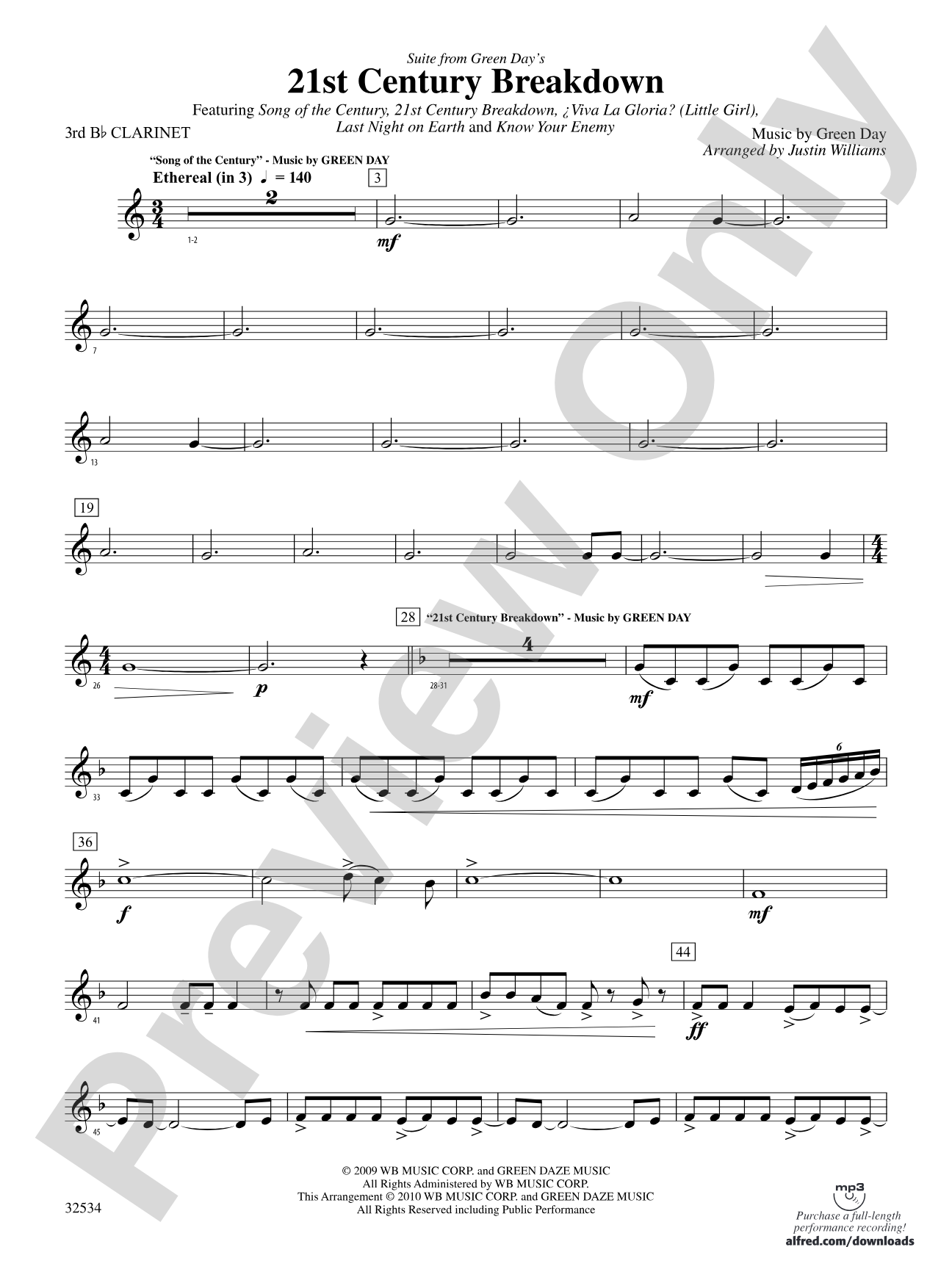 21st Century Breakdown, Suite from Green Day's: 3rd B-flat Clarinet