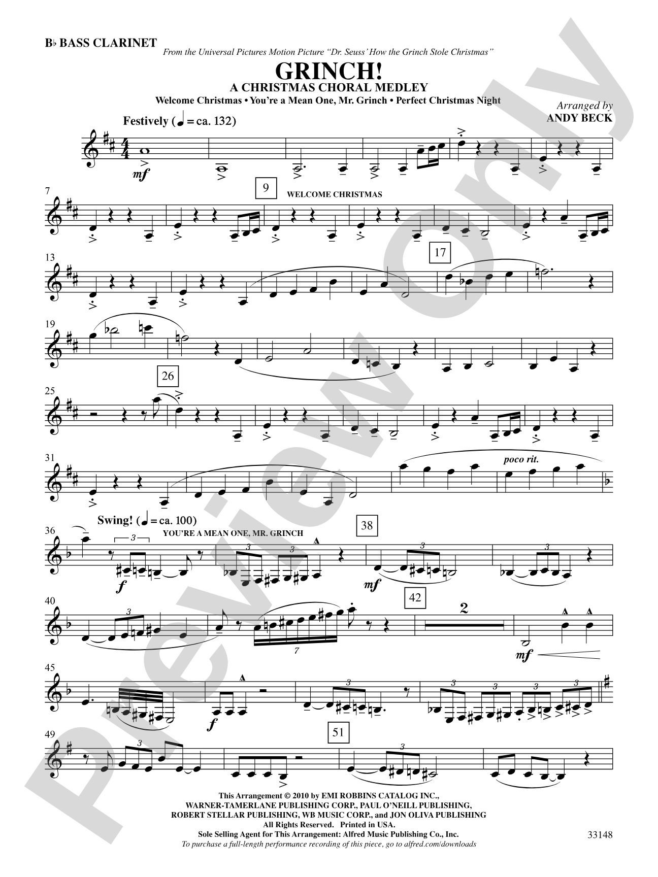 Grinch! A Christmas Choral Medley (from the motion picture Dr. Seuss' How the Grinch Stole Christmas): B-flat Bass Clarinet: Choral SoundPax