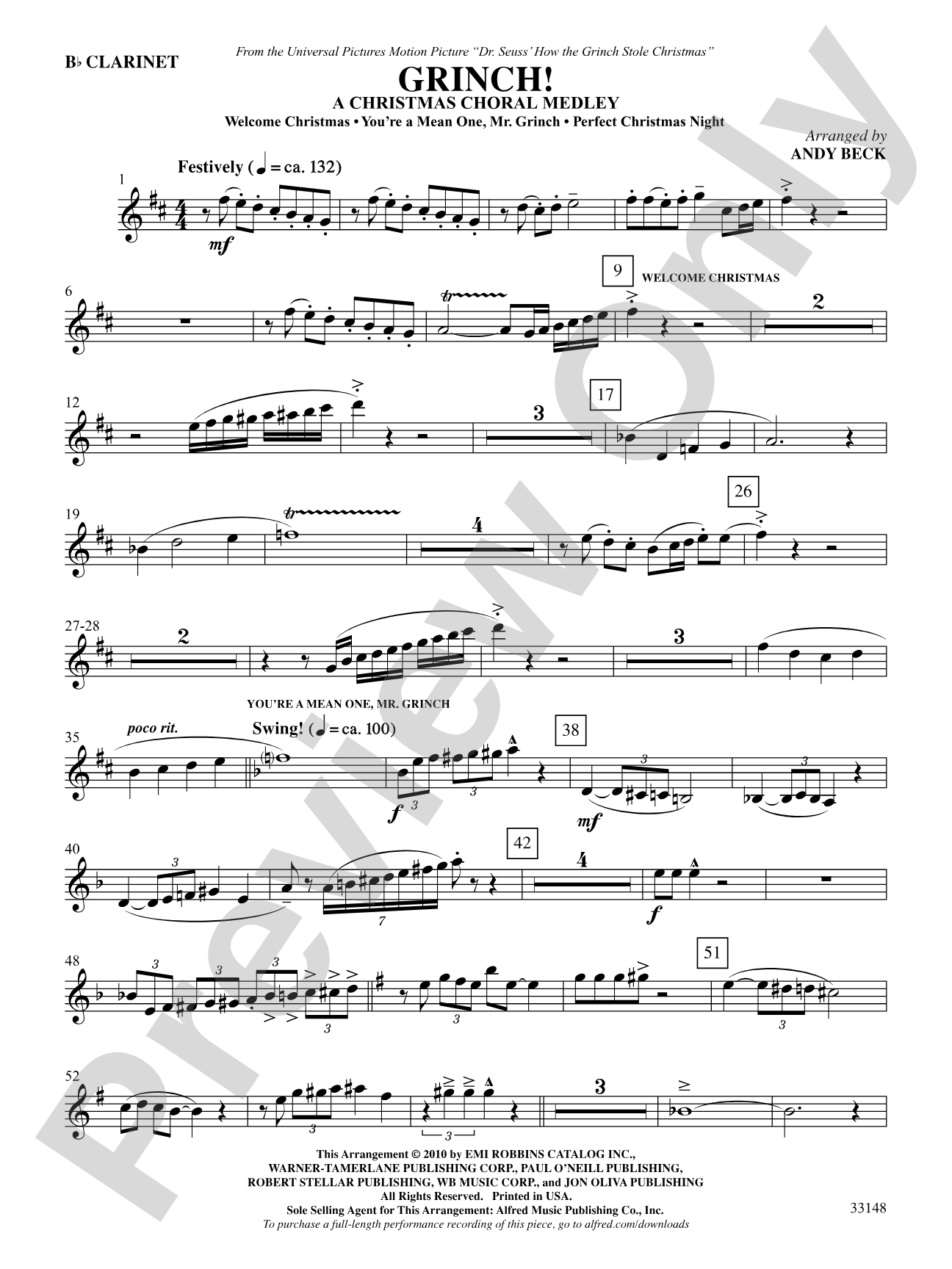Grinch! A Christmas Choral Medley (from the motion picture Dr. Seuss' How the Grinch Stole Christmas): 1st B-flat Clarinet: Choral SoundPax