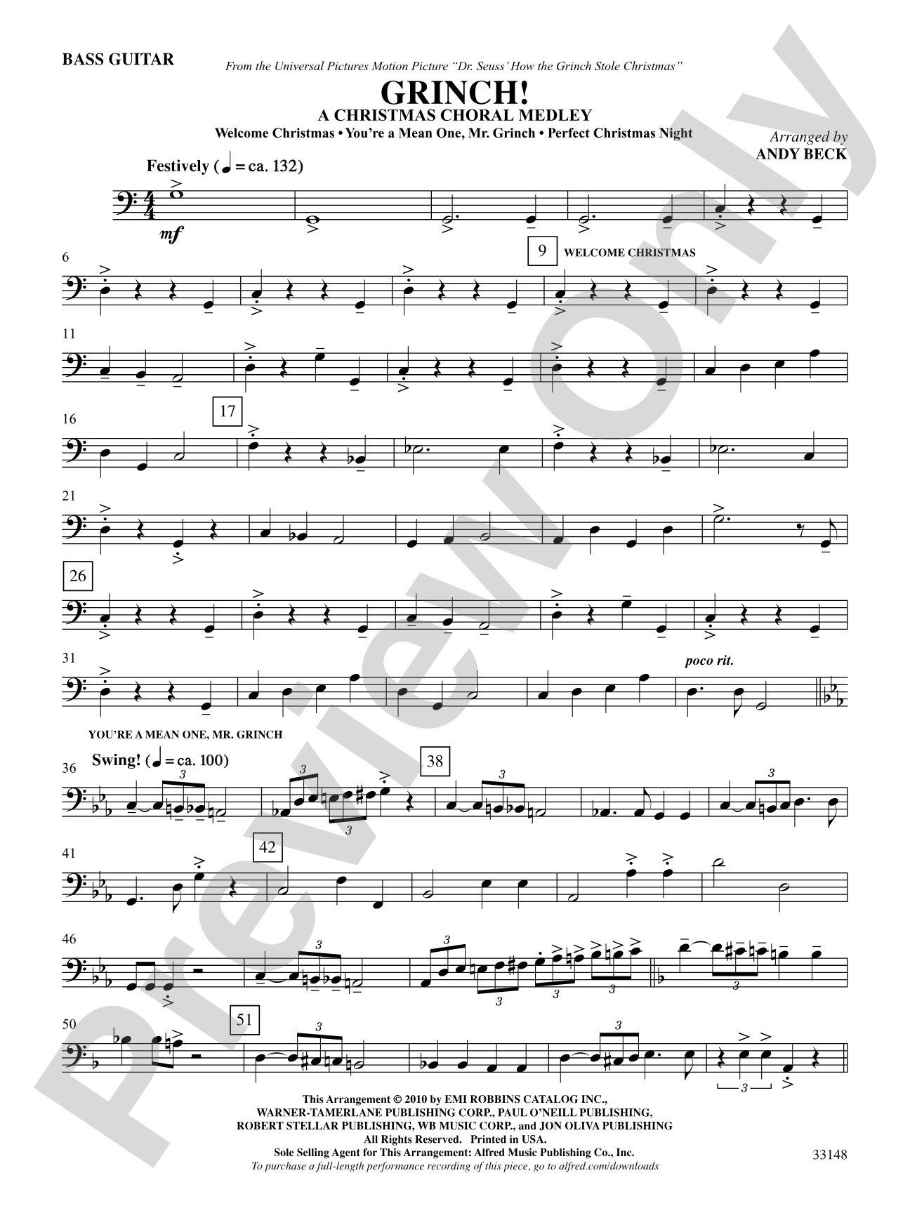Grinch! A Christmas Choral Medley (from the motion picture Dr. Seuss' How the Grinch Stole Christmas): Electric Bass: Choral SoundPax