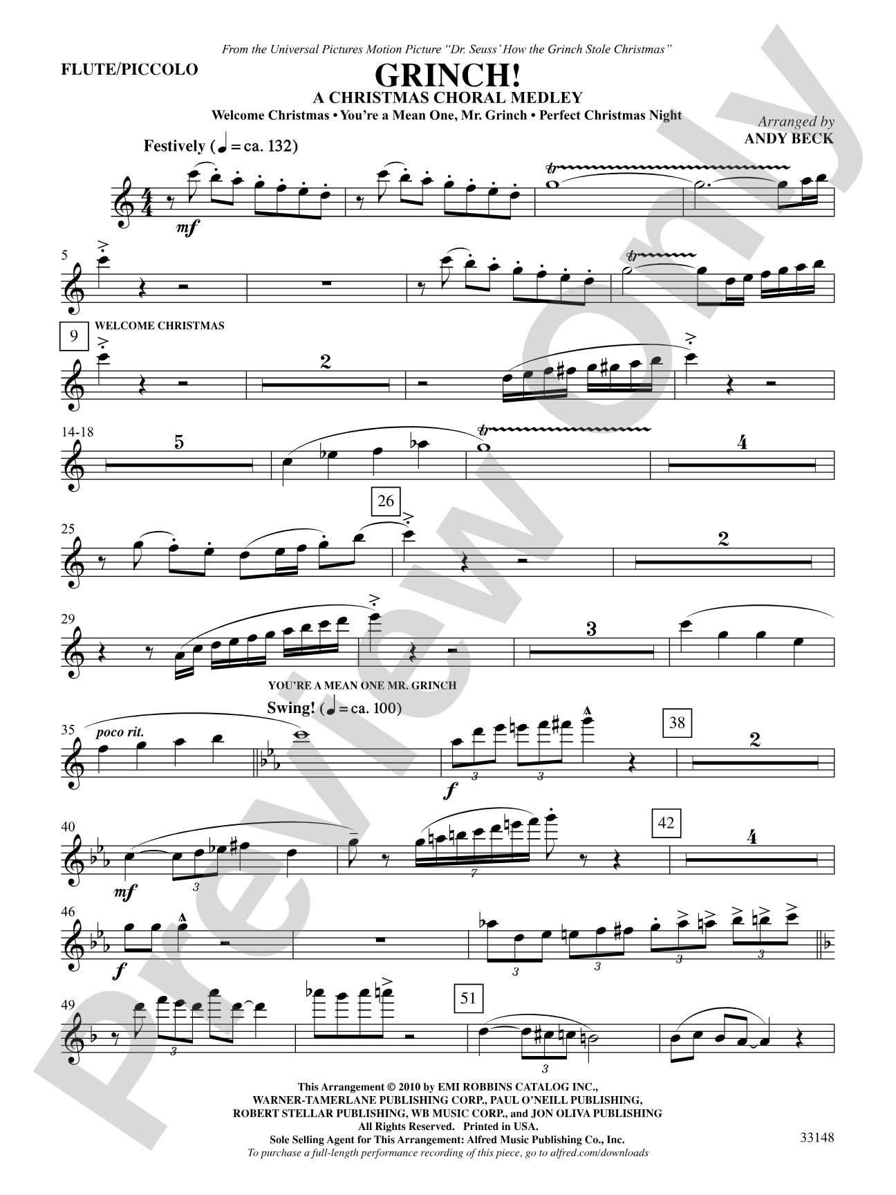 Grinch! A Christmas Choral Medley (from the motion picture Dr. Seuss' How the Grinch Stole Christmas): Flute: Choral SoundPax