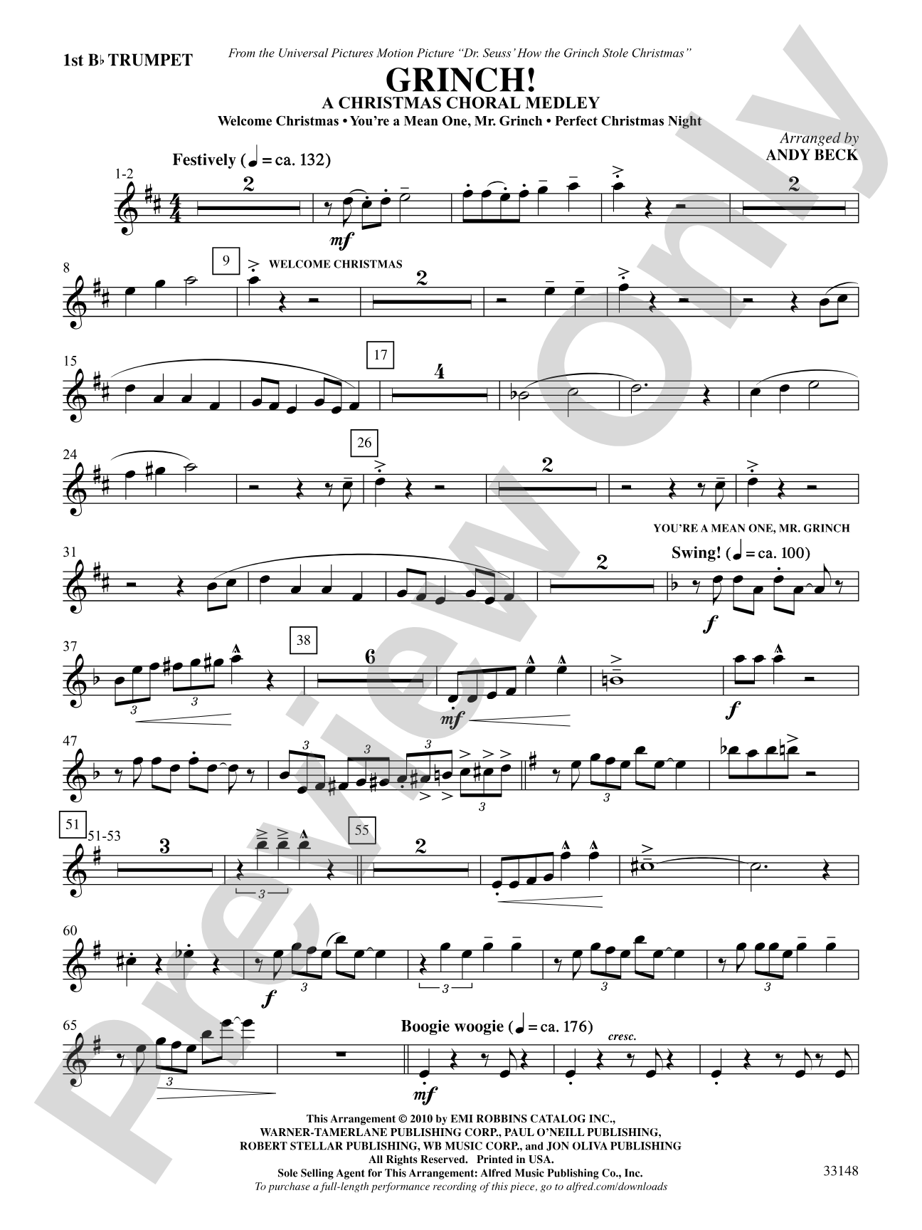 Grinch! A Christmas Choral Medley (from the motion picture Dr. Seuss' How the Grinch Stole Christmas): 1st B-flat Trumpet: Choral SoundPax