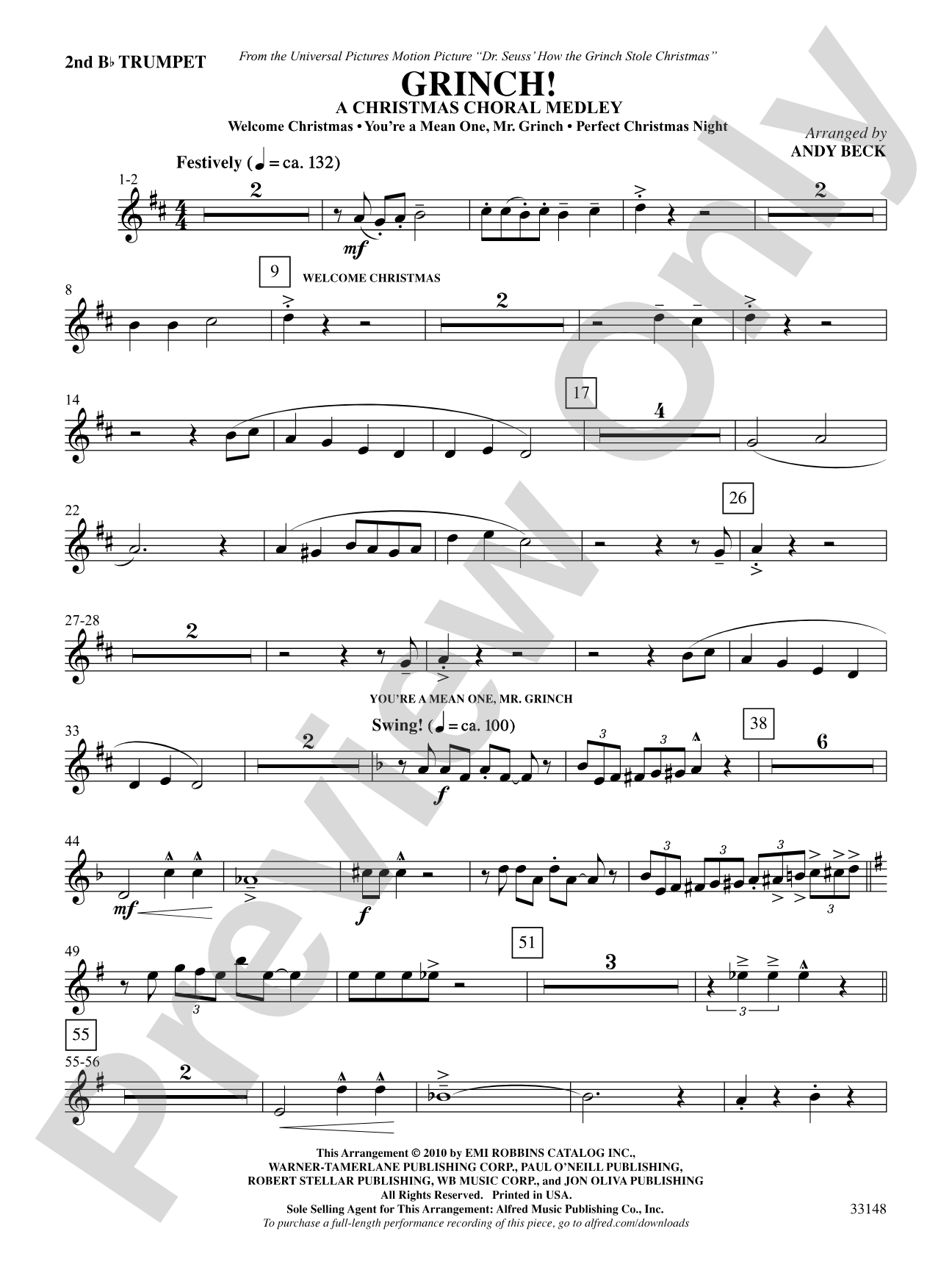 Grinch! A Christmas Choral Medley (from the motion picture Dr. Seuss' How the Grinch Stole Christmas): 2nd B-flat Trumpet: Choral SoundPax