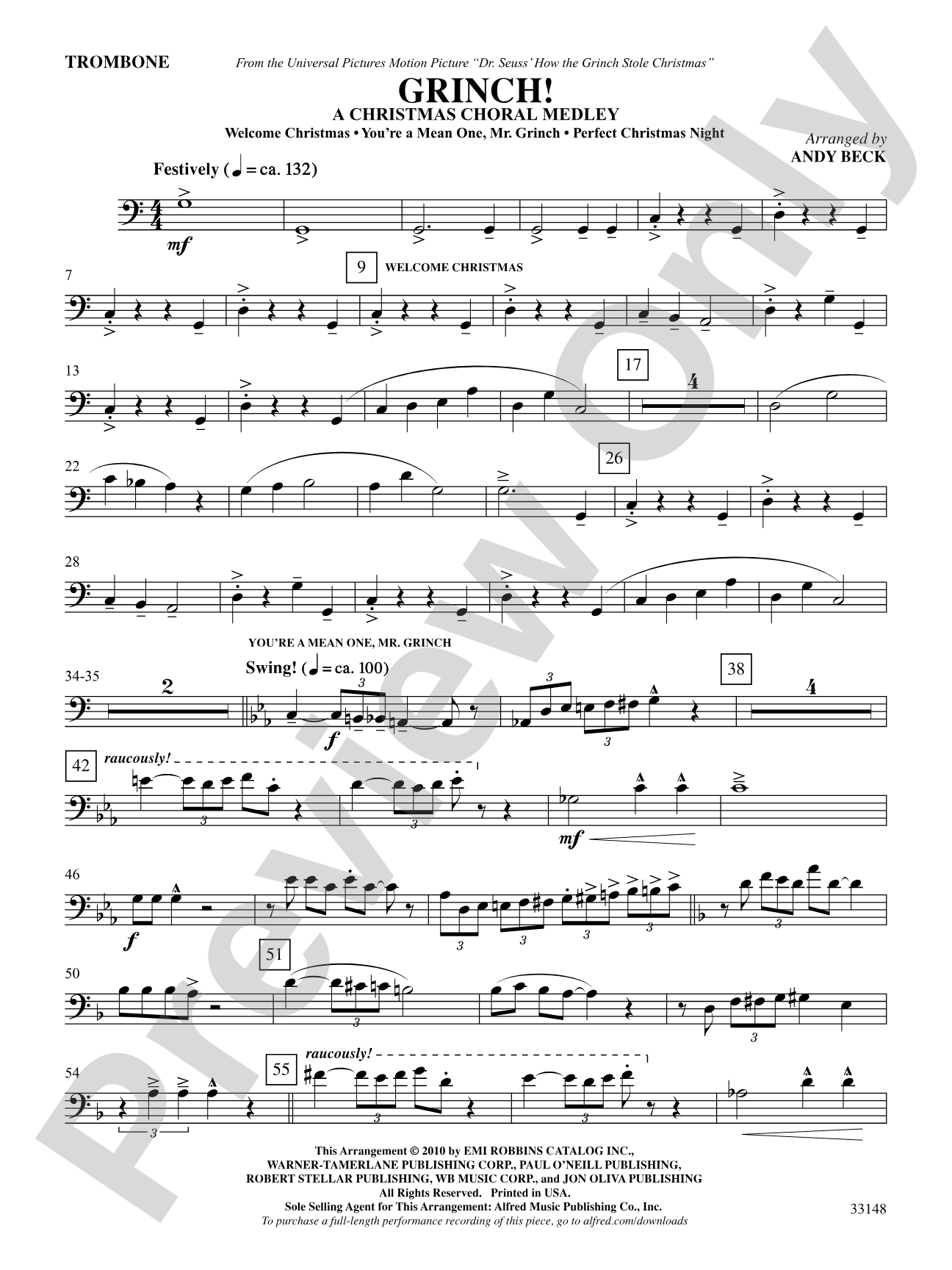 Grinch! A Christmas Choral Medley (from the motion picture Dr. Seuss' How the Grinch Stole Christmas): 1st Trombone: Choral SoundPax