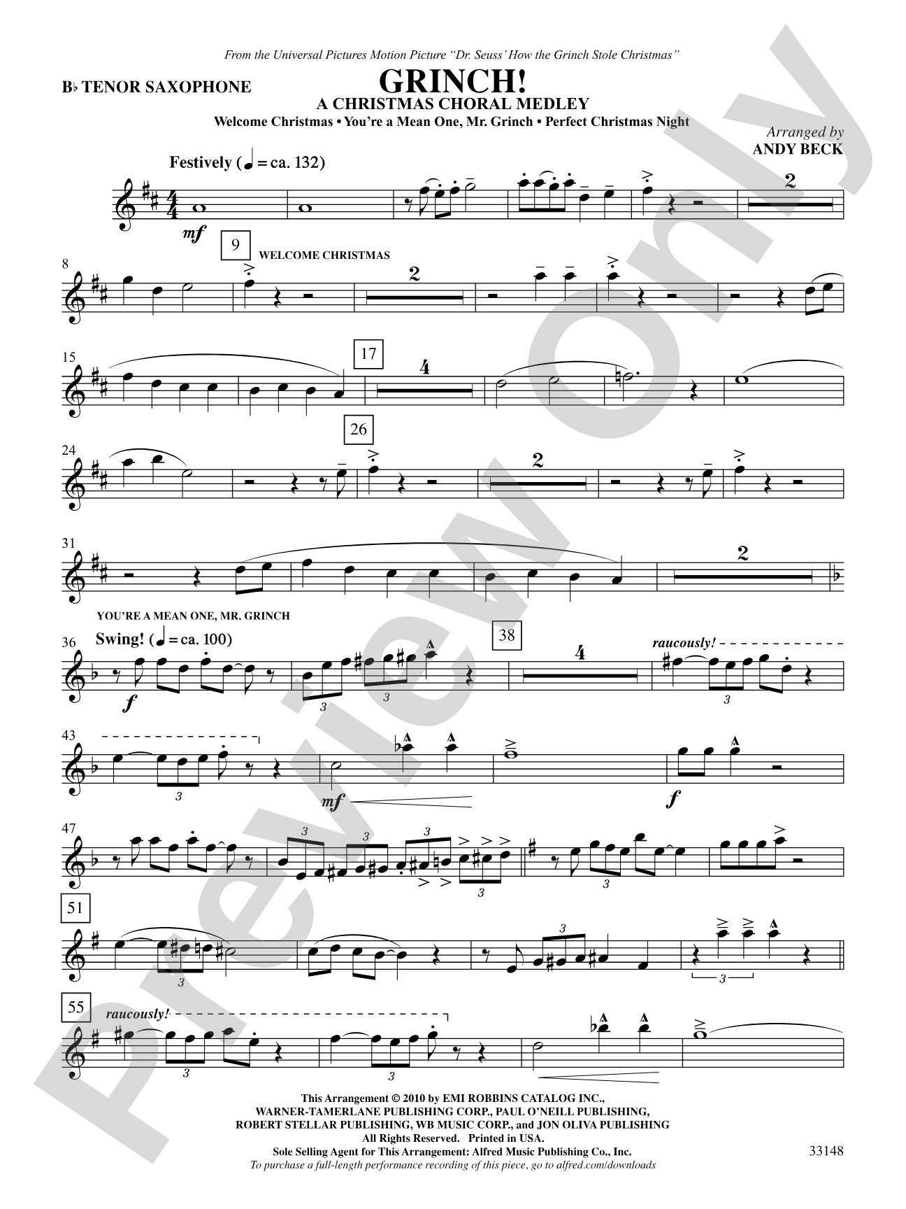 Grinch! A Christmas Choral Medley (from the motion picture Dr. Seuss' How the Grinch Stole Christmas): B-flat Tenor Saxophone: Choral SoundPax