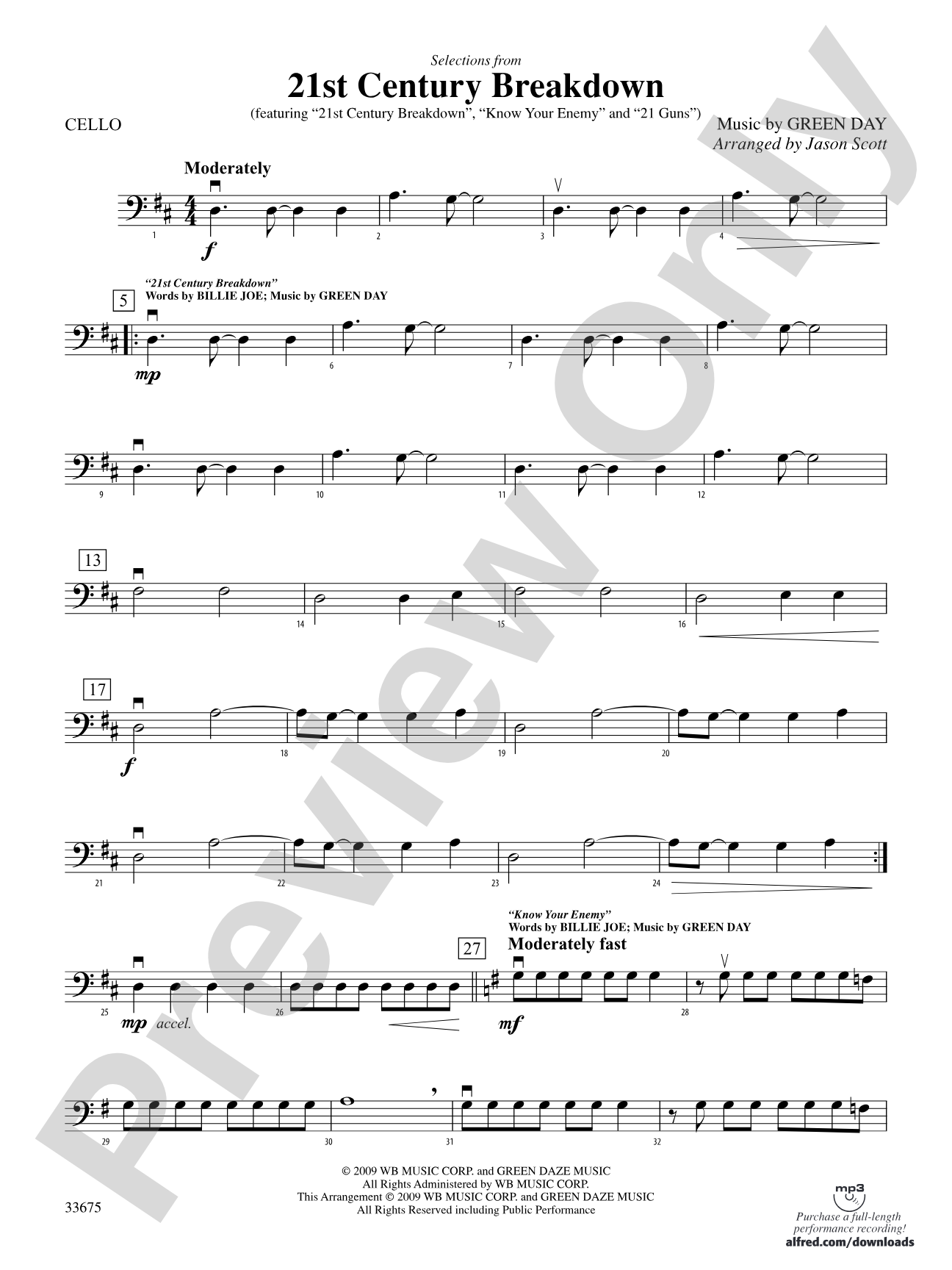 21st Century Breakdown, Selections from: Cello