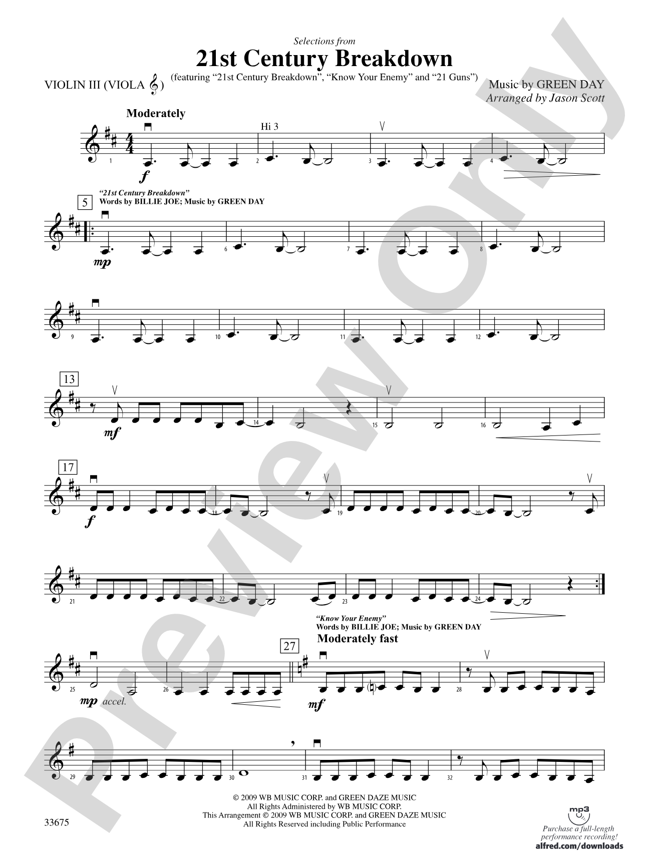 21st Century Breakdown, Selections from: 3rd Violin (Viola [TC])