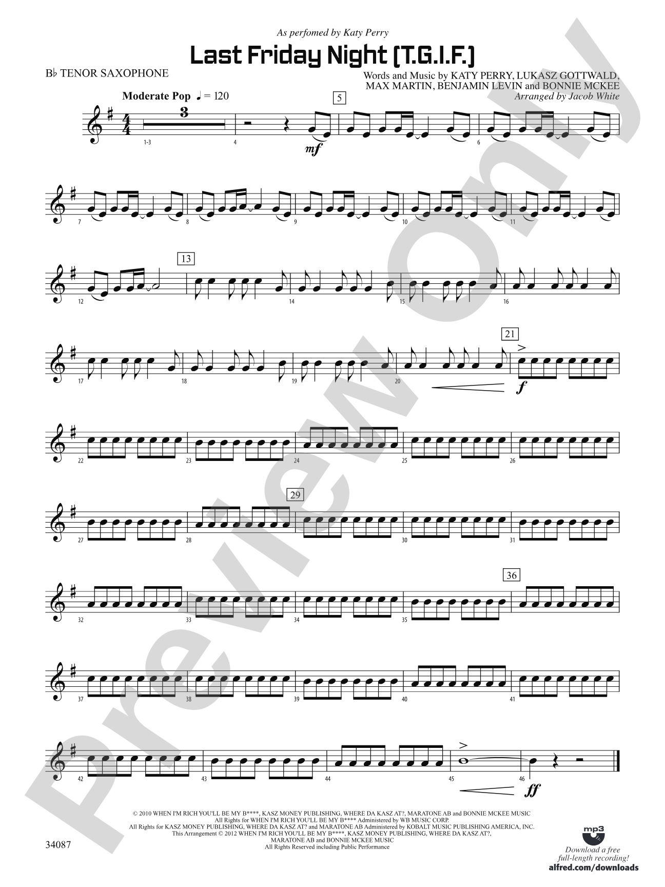 Last Friday Night (T.G.I.F.): B-flat Tenor Saxophone