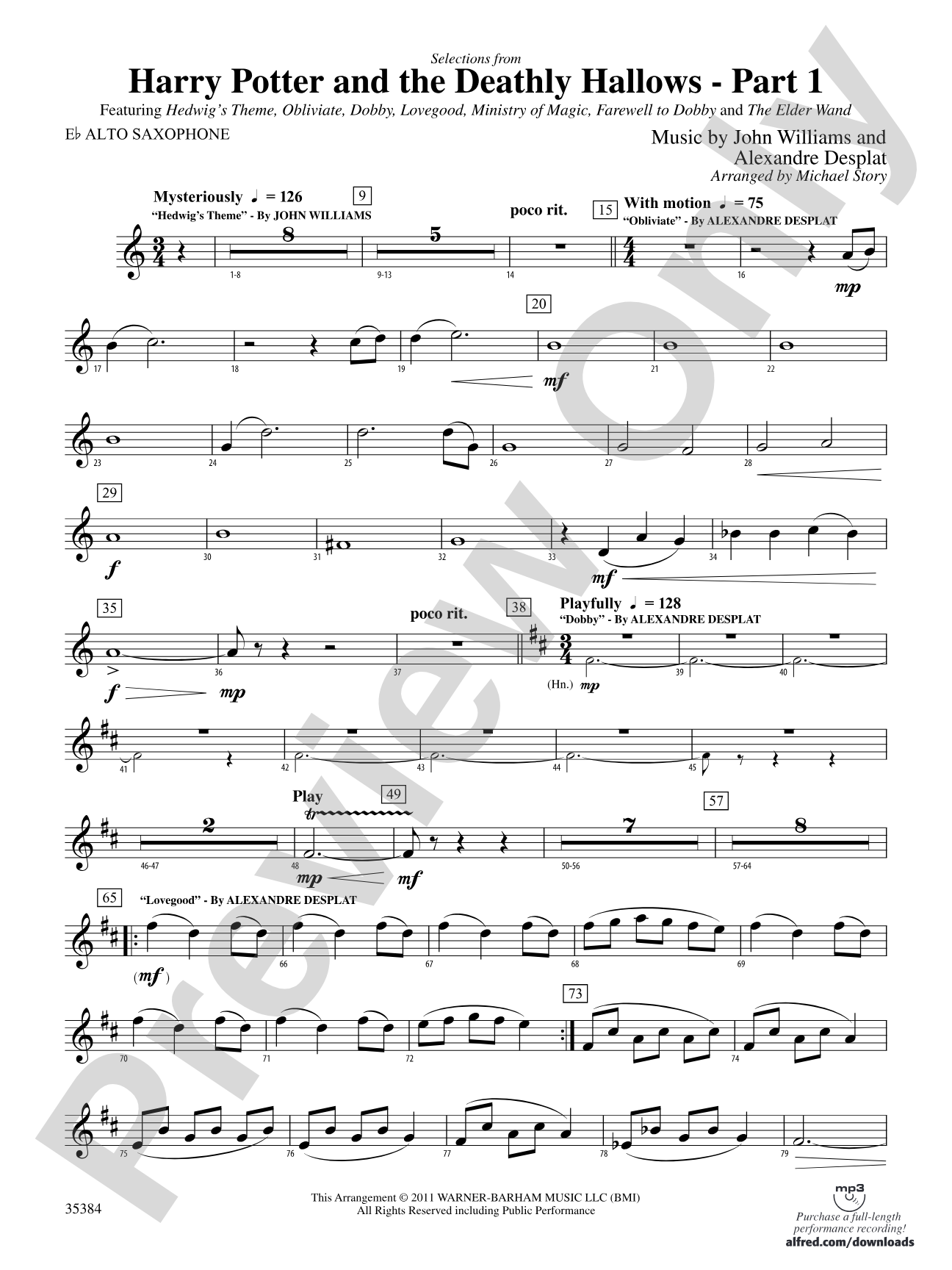 Harry Potter and the Deathly Hallows, Part 1, Selections from: E-flat Alto Saxophone