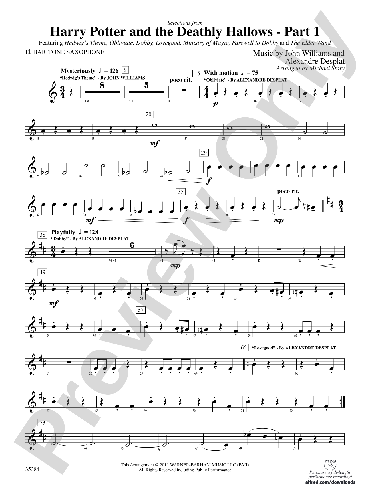 Harry Potter and the Deathly Hallows, Part 1, Selections from: E-flat Baritone Saxophone