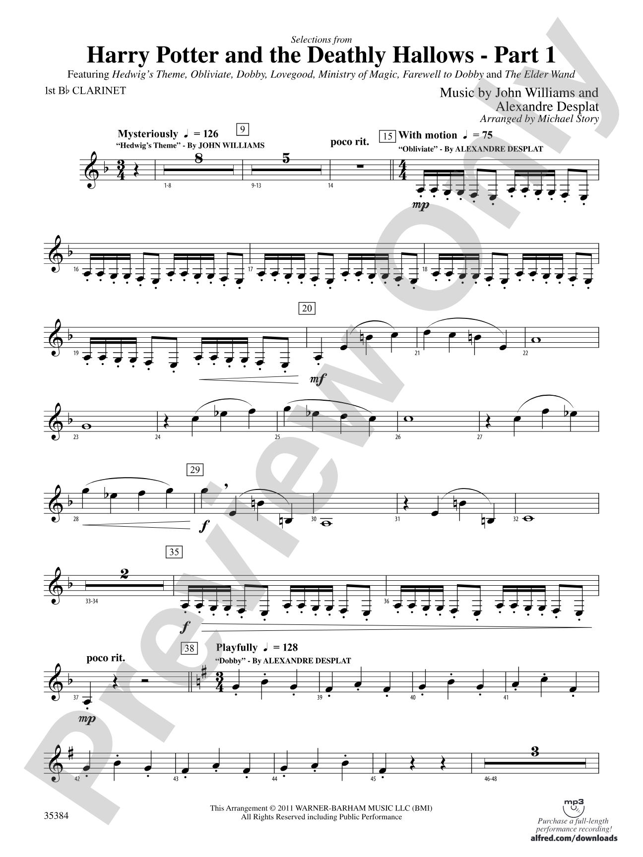 Harry Potter and the Deathly Hallows, Part 1, Selections from: 1st B-flat Clarinet