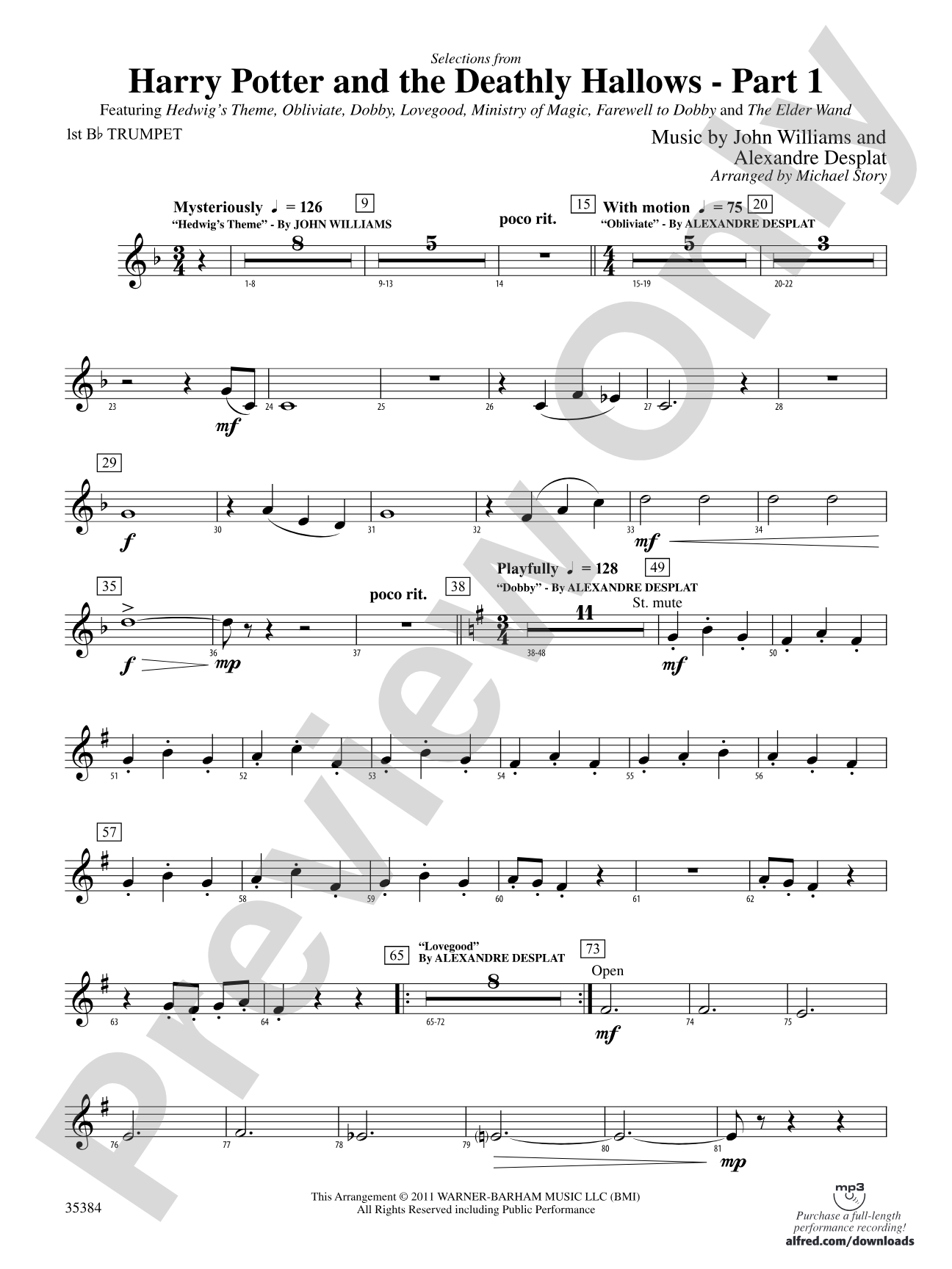 Harry Potter and the Deathly Hallows, Part 1, Selections from: 1st B-flat Trumpet