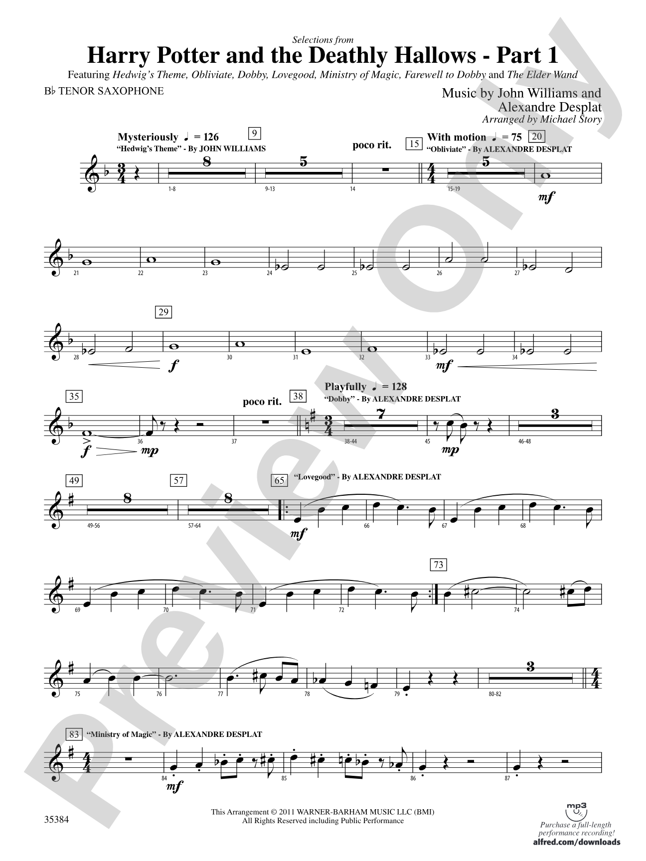 Harry Potter and the Deathly Hallows, Part 1, Selections from: B-flat Tenor Saxophone