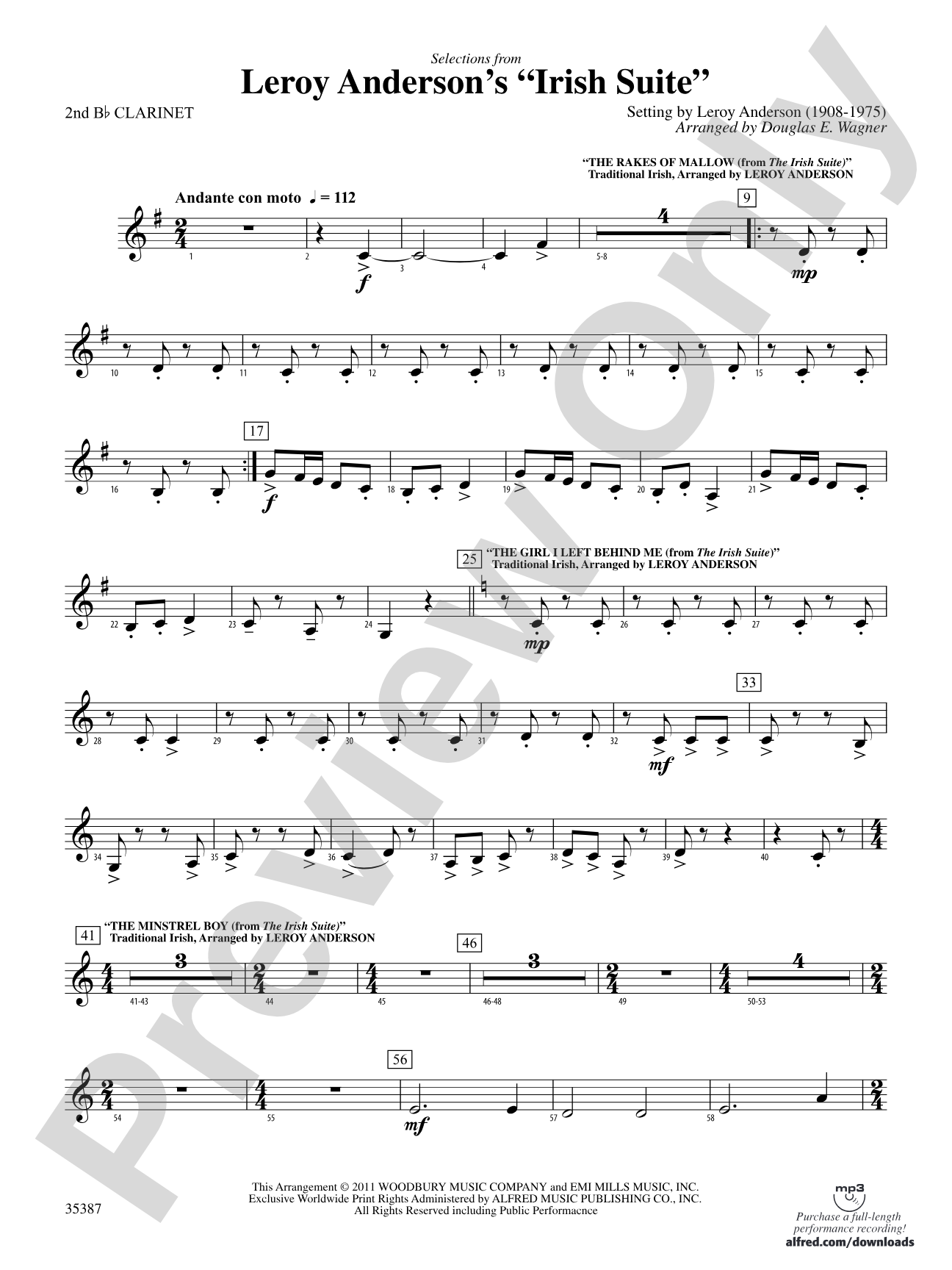 Leroy Anderson’s Irish Suite, Selections from: 2nd B-flat Clarinet