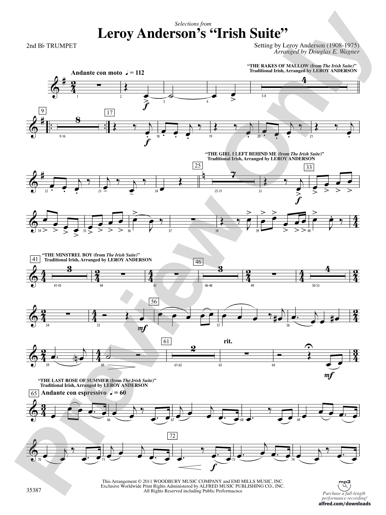 Leroy Anderson’s Irish Suite, Selections from: 2nd B-flat Trumpet