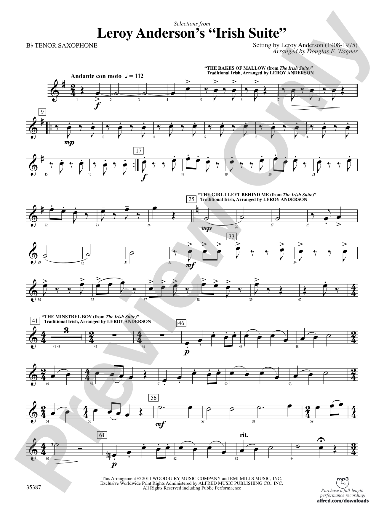 Leroy Anderson’s Irish Suite, Selections from: B-flat Tenor Saxophone