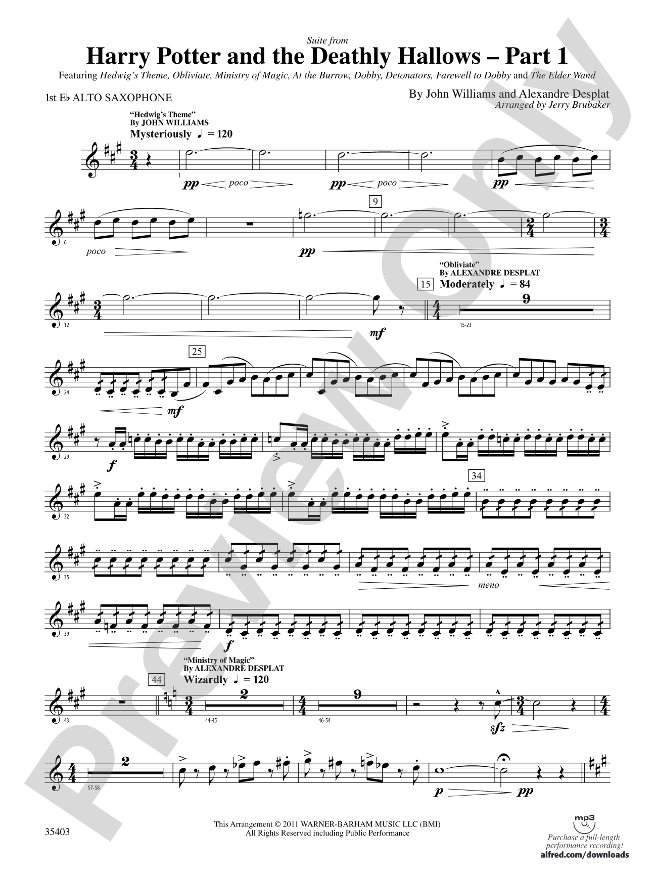 Harry Potter and the Deathly Hallows, Part 1, Suite from: E-flat Alto Saxophone