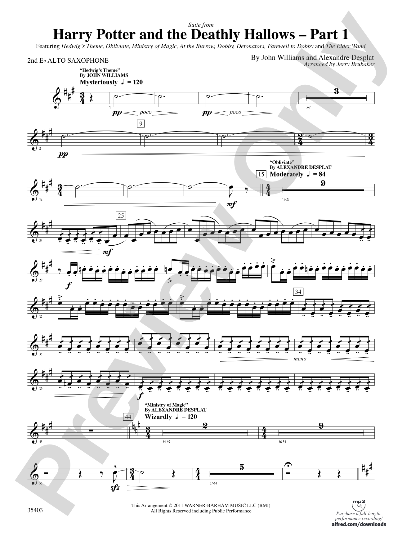 Harry Potter and the Deathly Hallows, Part 1, Suite from: 2nd E-flat Alto Saxophone