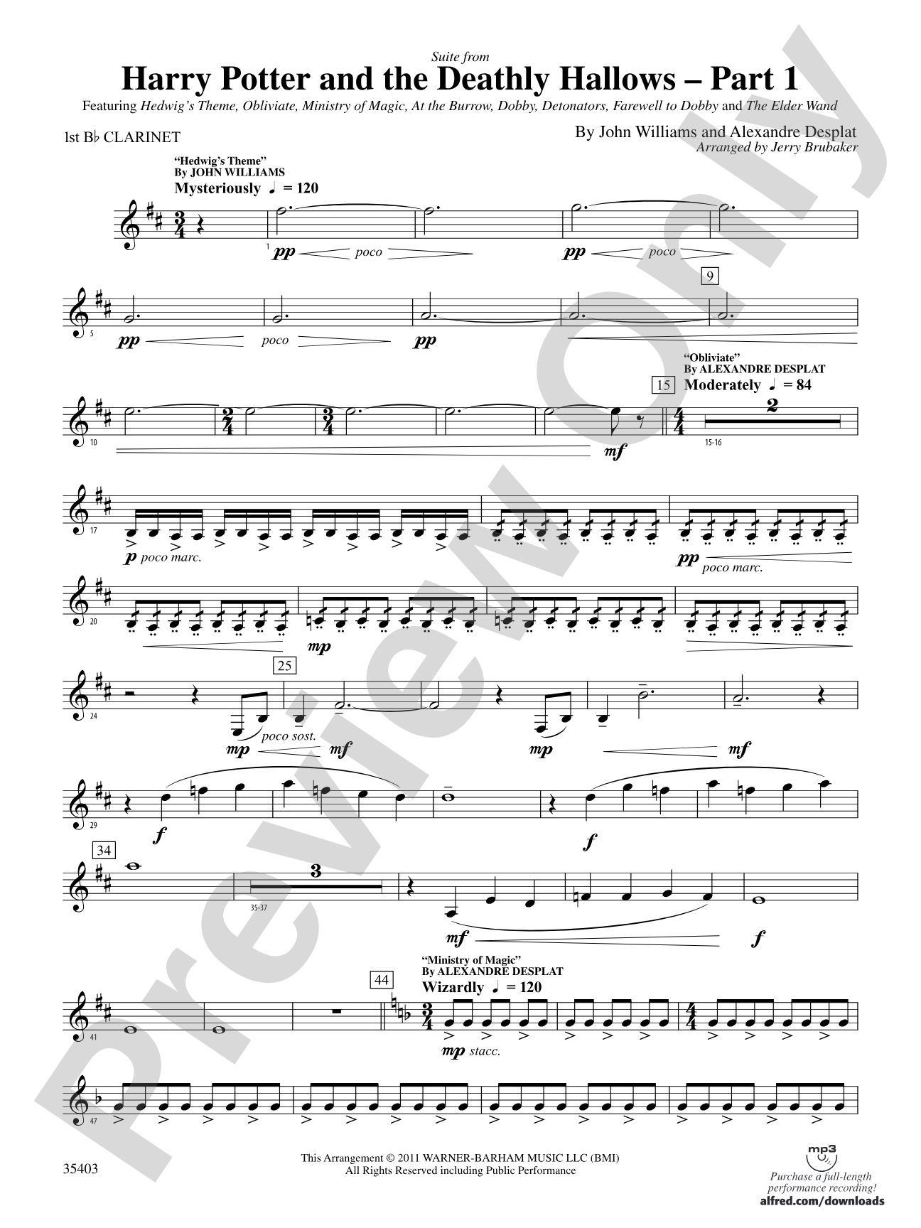 Harry Potter and the Deathly Hallows, Part 1, Suite from: 1st B-flat Clarinet