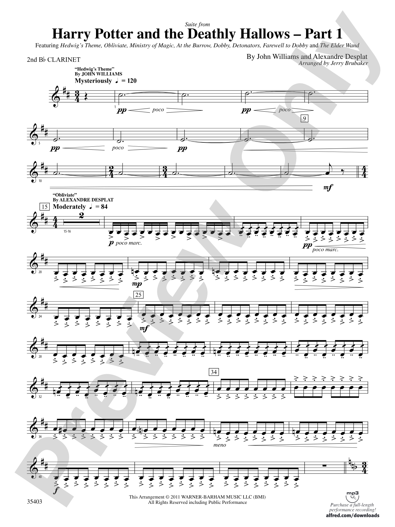 Harry Potter and the Deathly Hallows, Part 1, Suite from: 2nd B-flat Clarinet