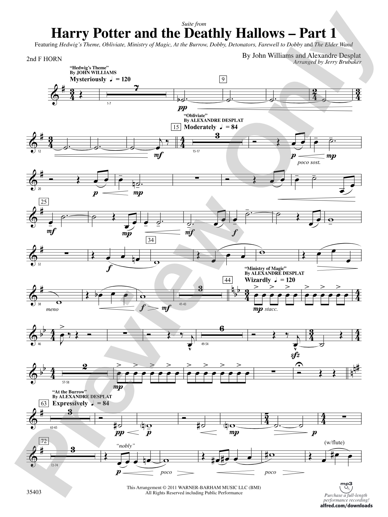 Harry Potter and the Deathly Hallows, Part 1, Suite from: 2nd F Horn