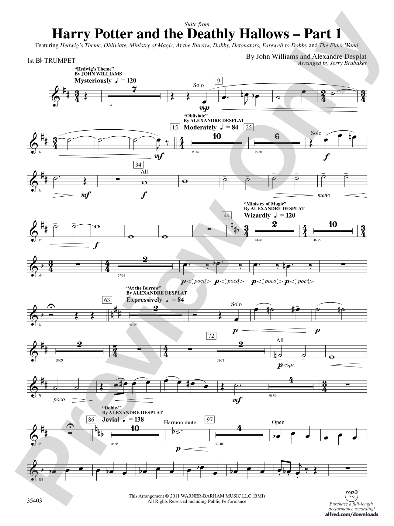 Harry Potter and the Deathly Hallows, Part 1, Suite from: 1st B-flat Trumpet