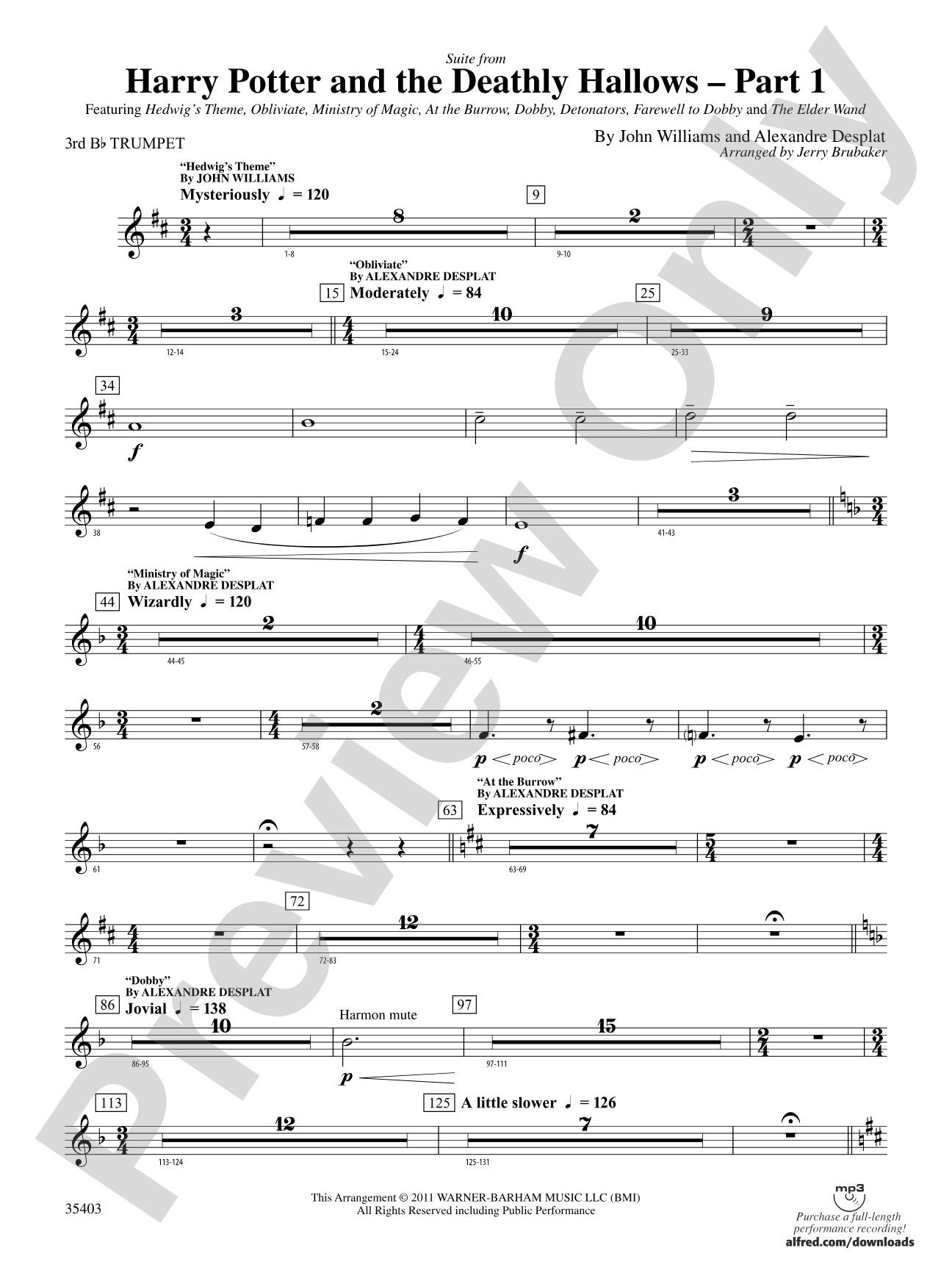 Harry Potter and the Deathly Hallows, Part 1, Suite from: 3rd B-flat Trumpet
