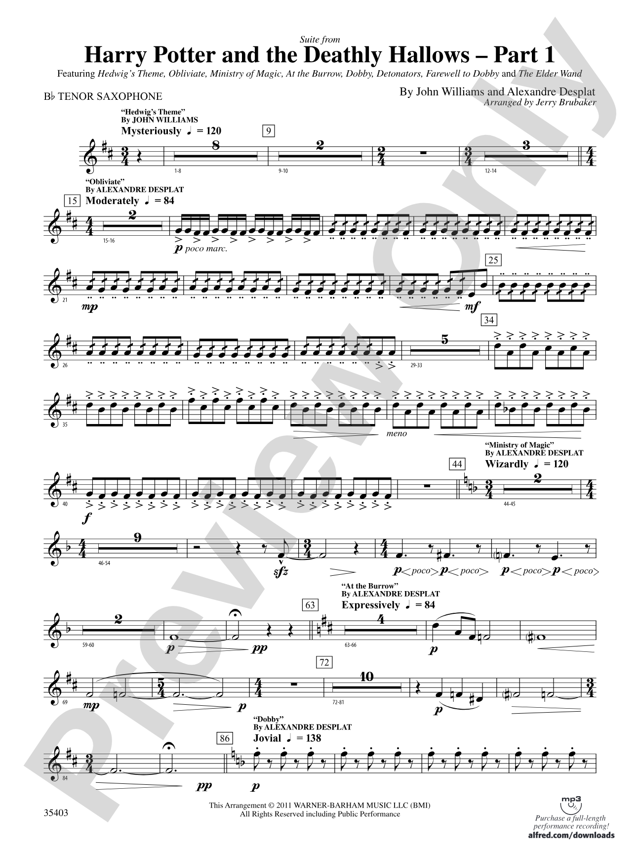Harry Potter and the Deathly Hallows, Part 1, Suite from: B-flat Tenor Saxophone