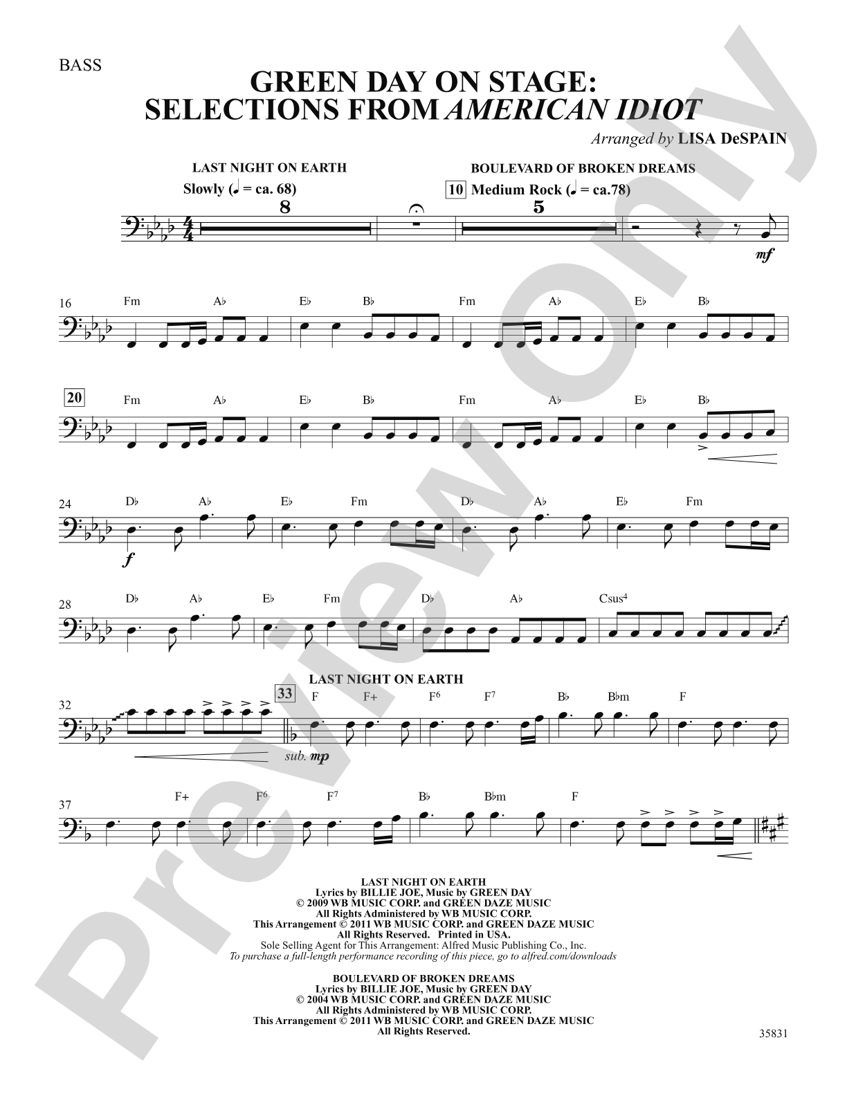 Green Day on Stage: Selections from American Idiot: String Bass: Choral SoundPax