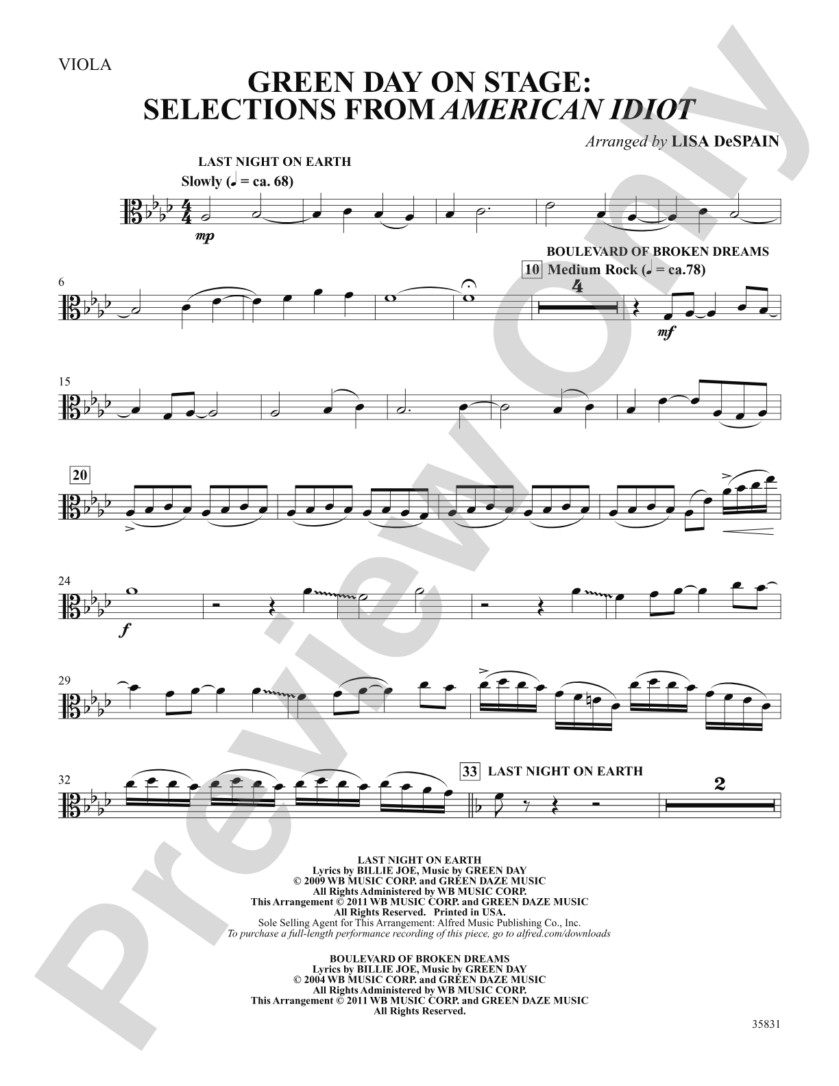 Green Day on Stage: Selections from American Idiot: Viola: Choral SoundPax