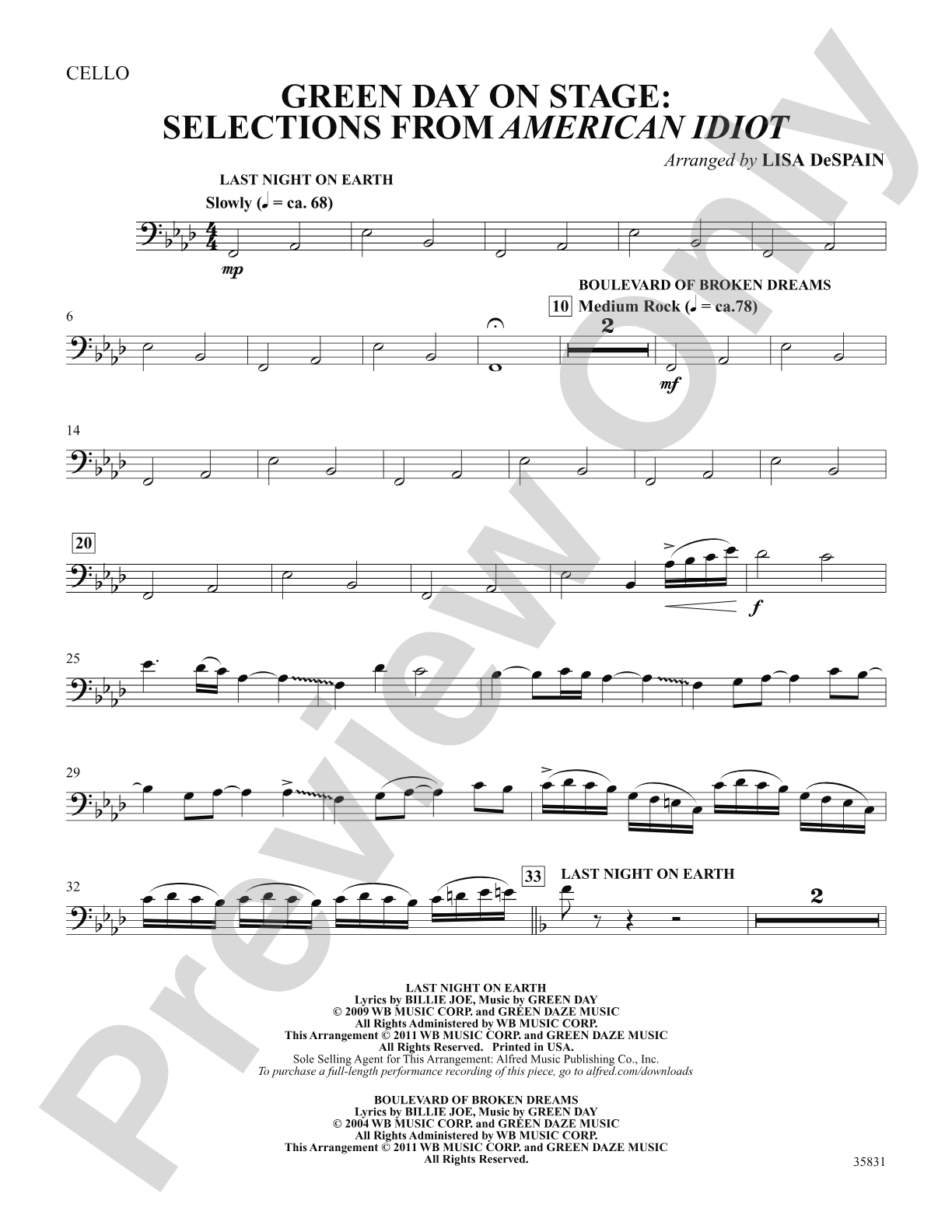 Green Day on Stage: Selections from American Idiot: Cello: Choral SoundPax