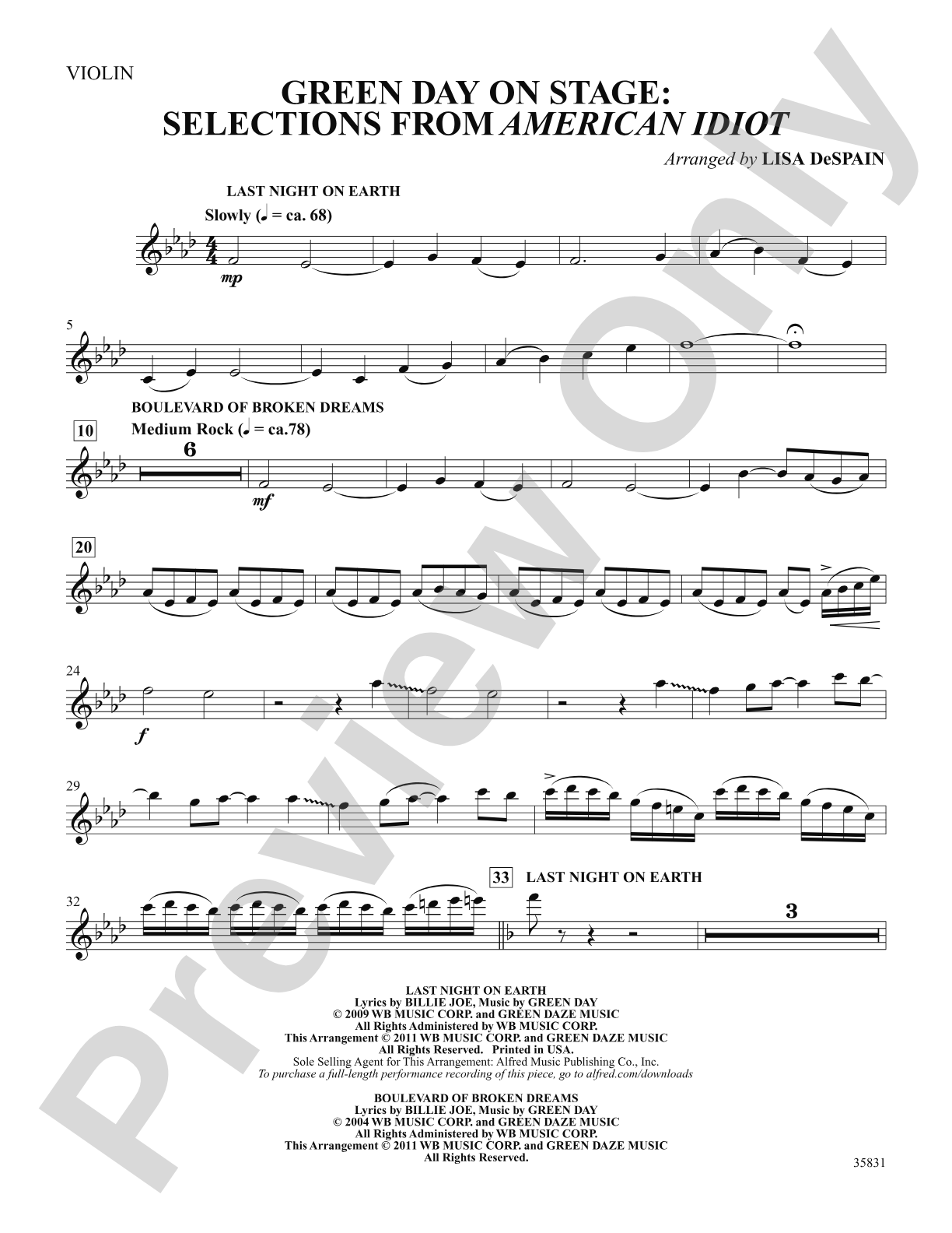 Green Day on Stage: Selections from American Idiot: 1st Violin: Choral SoundPax