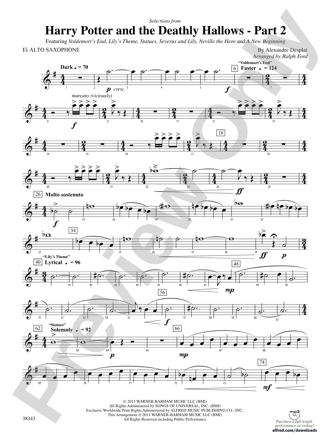 Harry Potter and the Deathly Hallows, Part 2, Selections from: E-flat Alto Saxophone