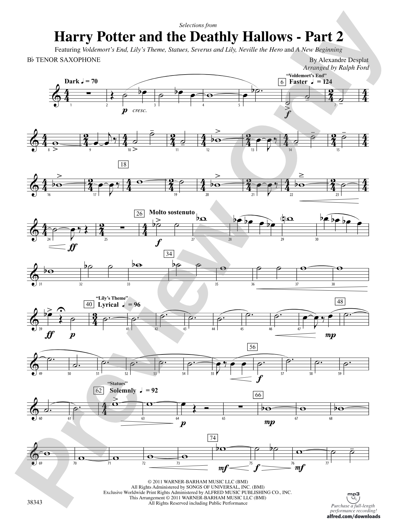Harry Potter and the Deathly Hallows, Part 2, Selections from: B-flat Tenor Saxophone
