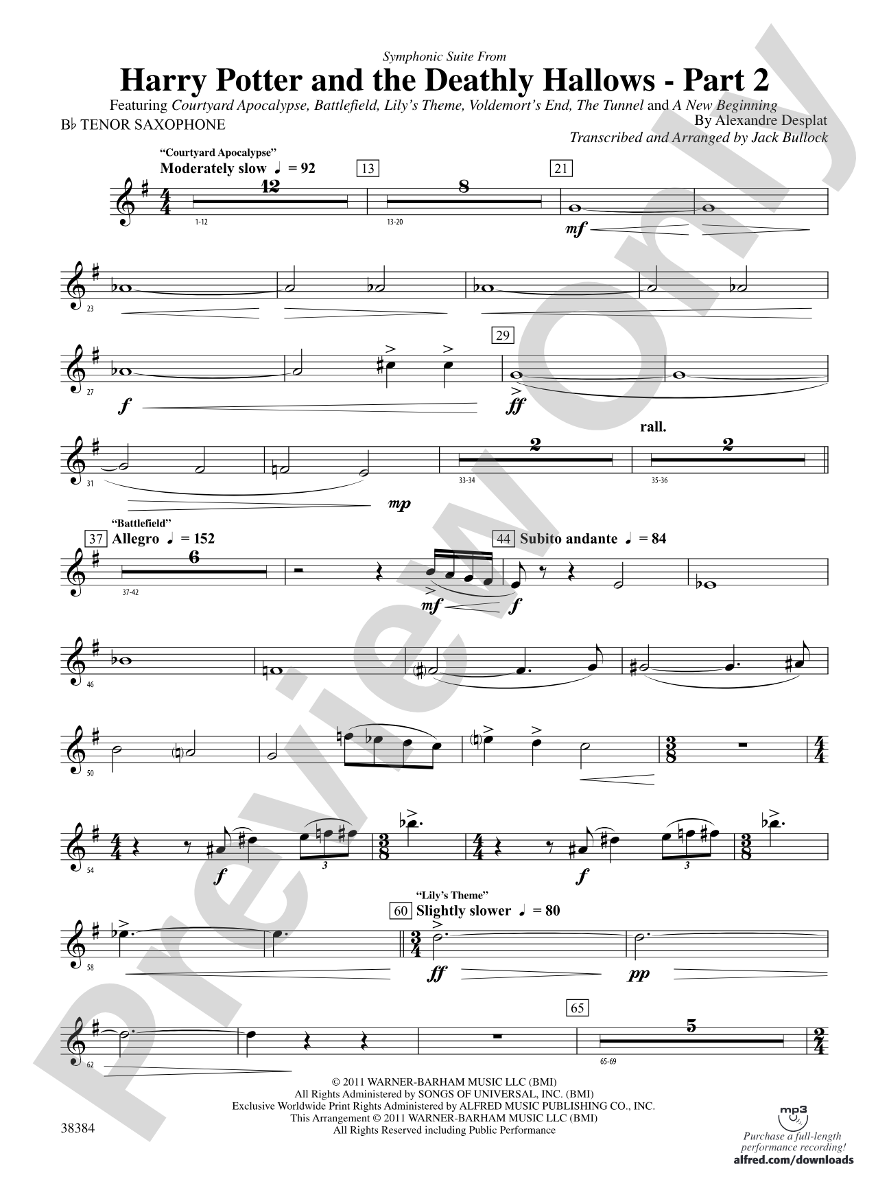 Harry Potter and the Deathly Hallows, Part 2, Symphonic Suite from: B-flat Tenor Saxophone