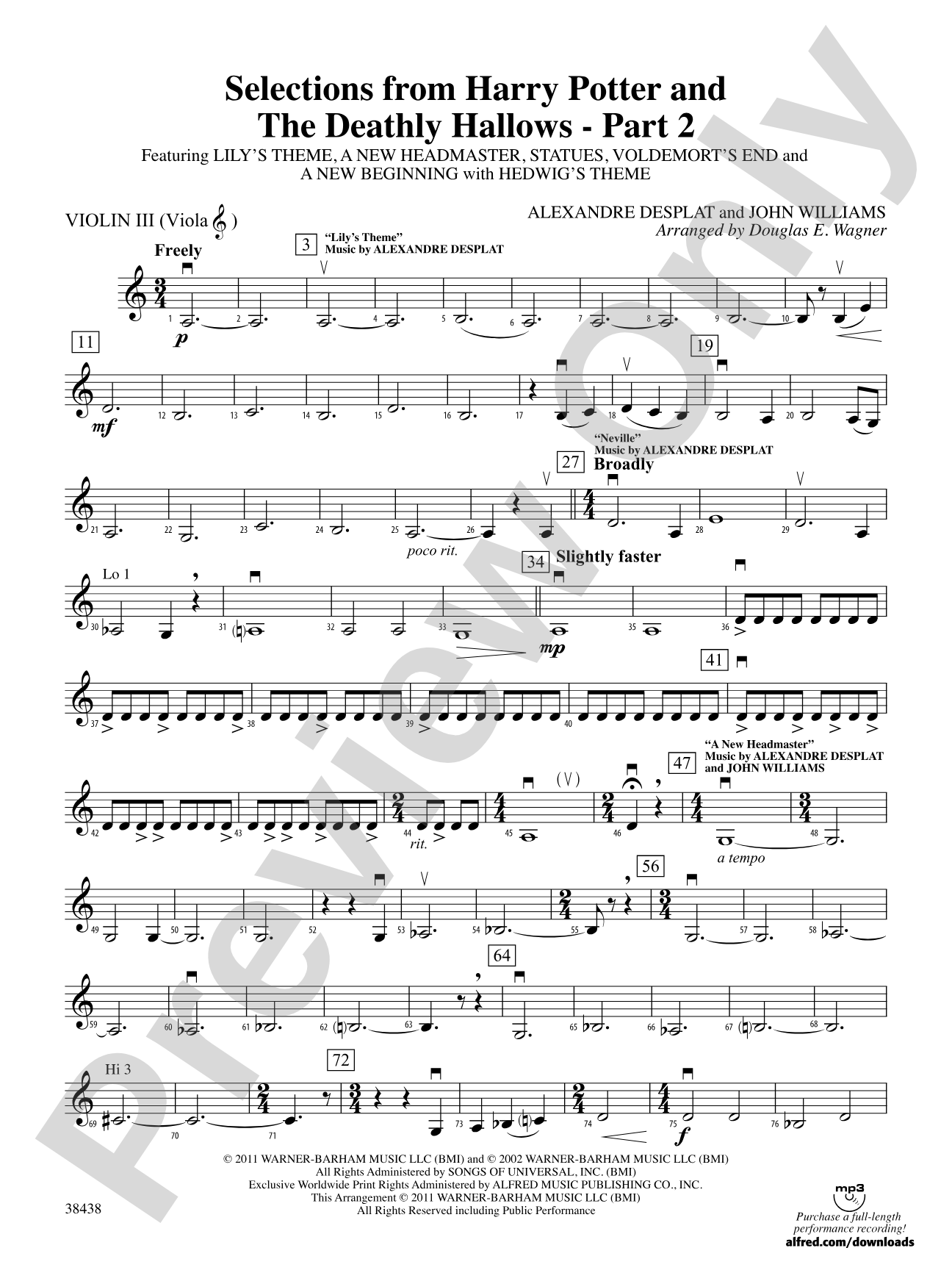 Harry Potter and the Deathly Hallows, Part 2, Selections from: 3rd Violin (Viola [TC])